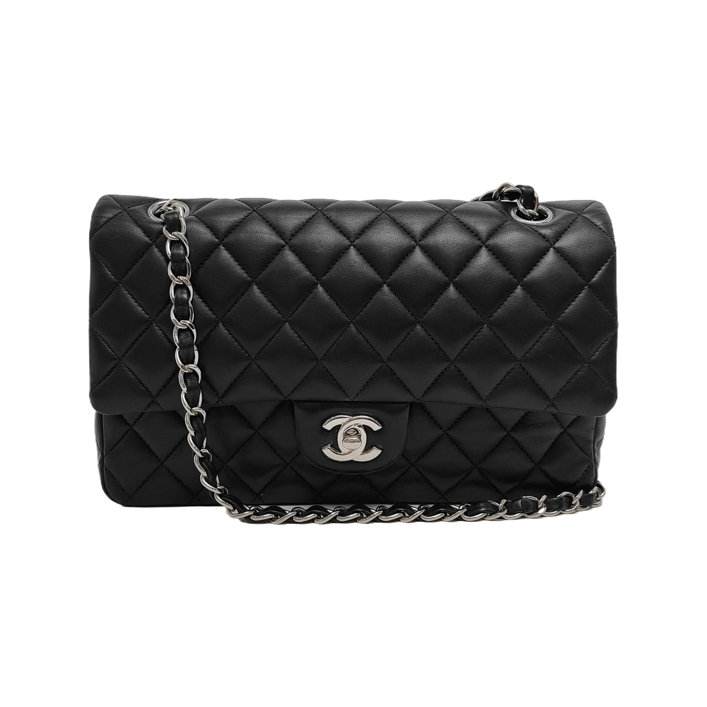 Chanel Timeless Classic Flap Lambskin Hardware Black Silver Leather Handbag 3