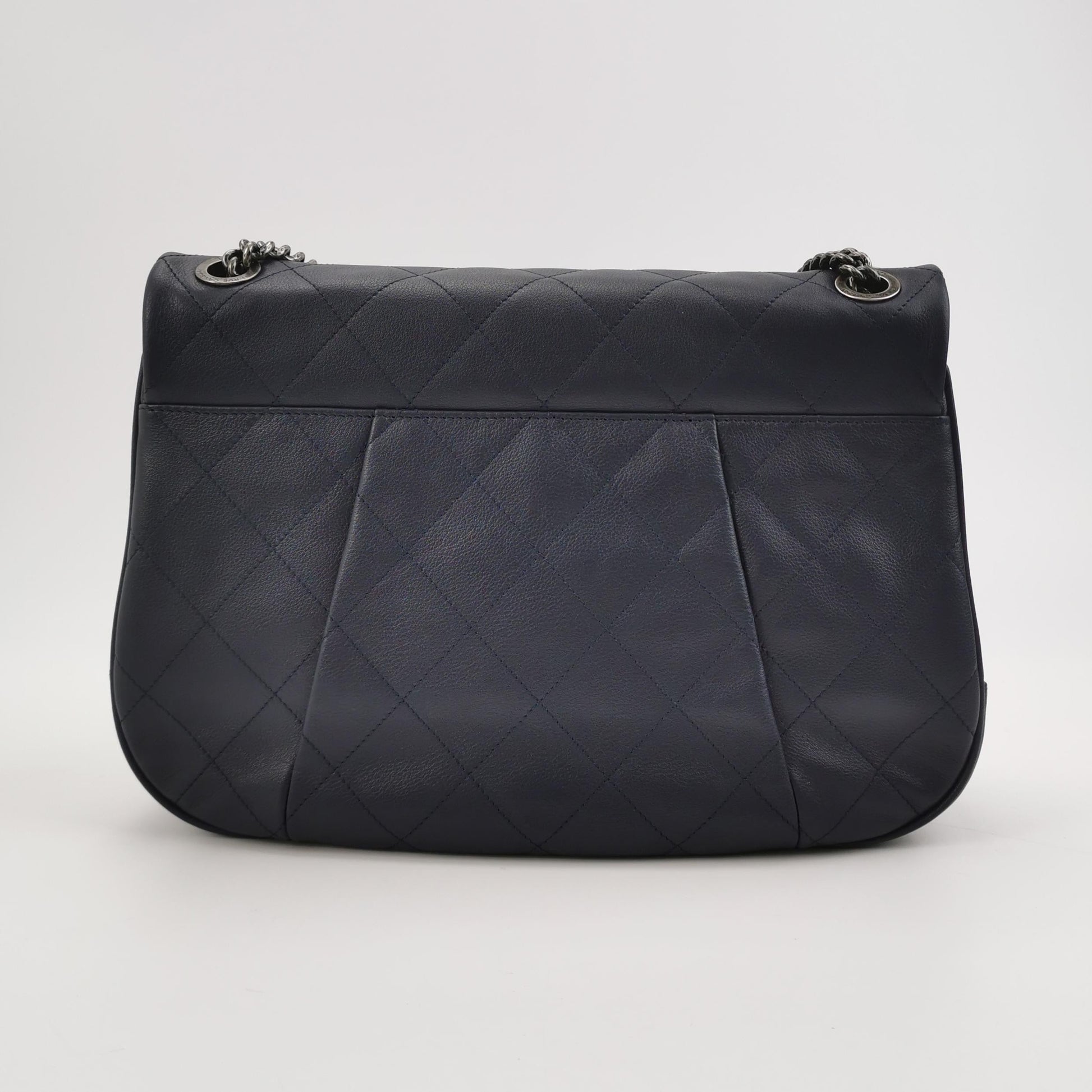 Chanel Single Flap Navy Calfskin Cannage Stitch Silver Leather Handbag