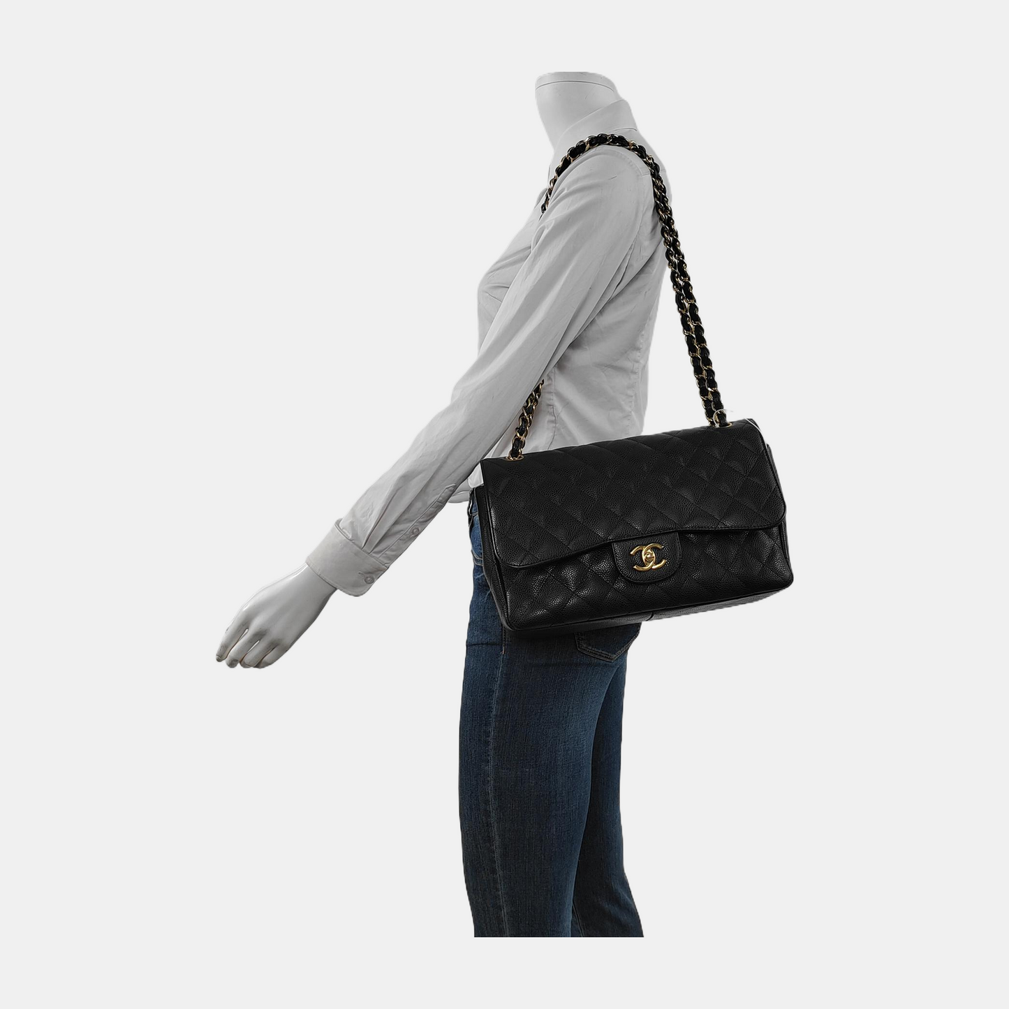 Chanel Classic Flap Jumbo Caviar Double Flap Black Gold Leather Handbag Hardware 4