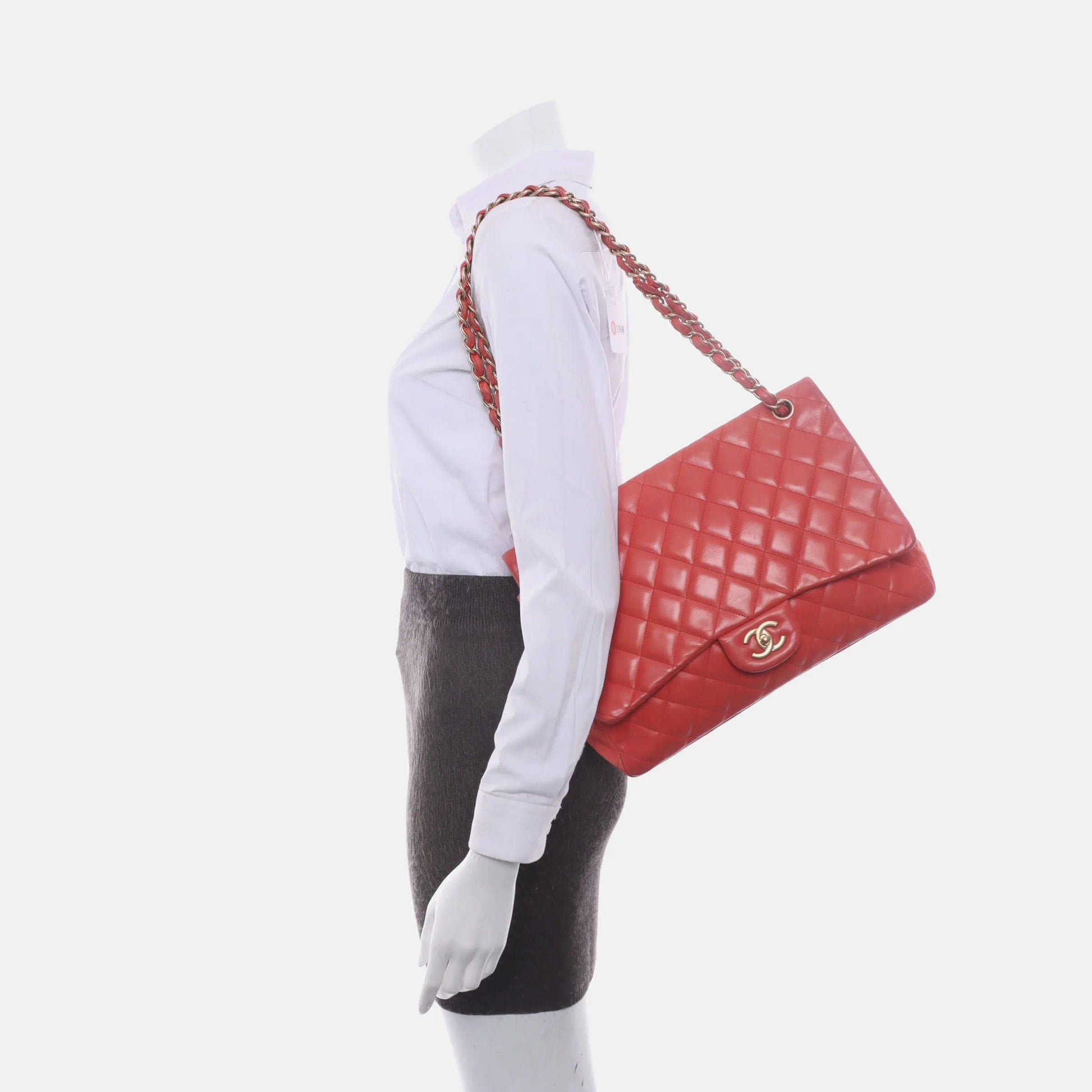 Chanel Classic Flap Maxi Lambskin -tone Hardware Red Gold Leather Handbag