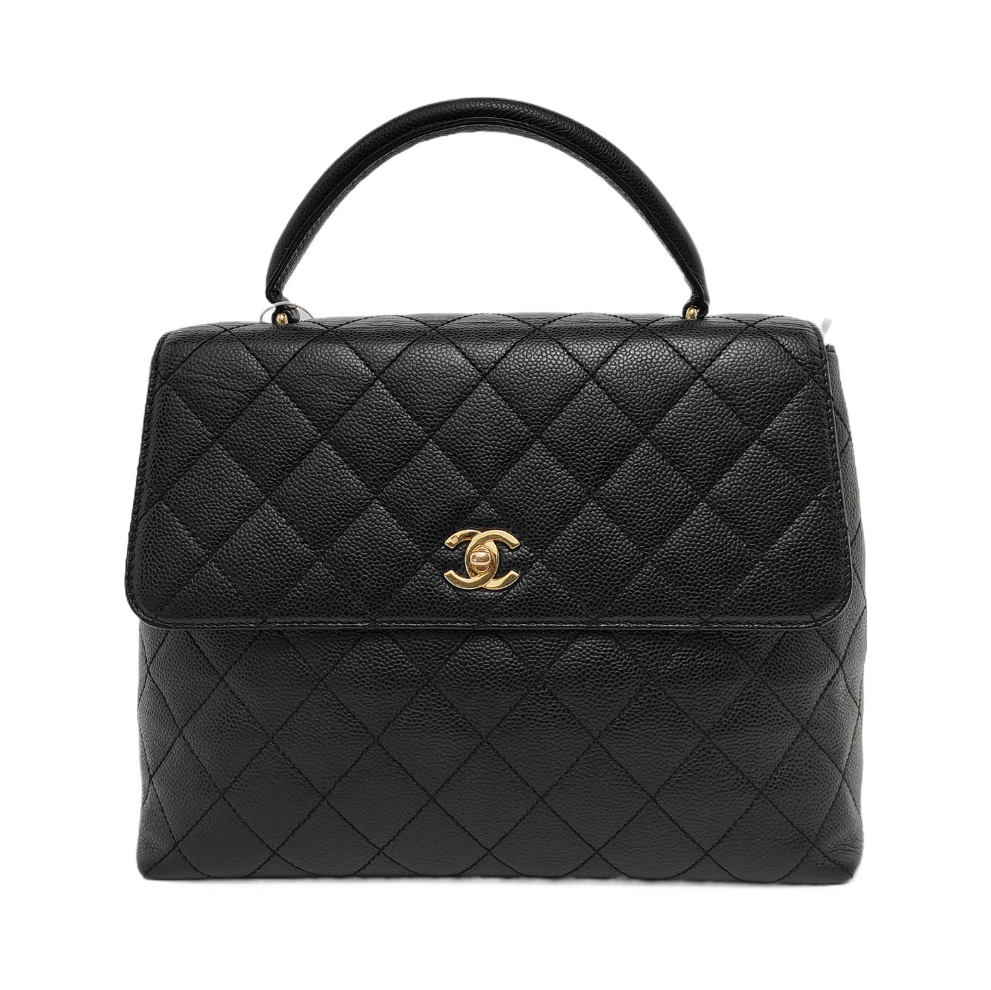 Chanel Top Handle Kelly Caviar 24k Plated Black Gold Leather Handbag