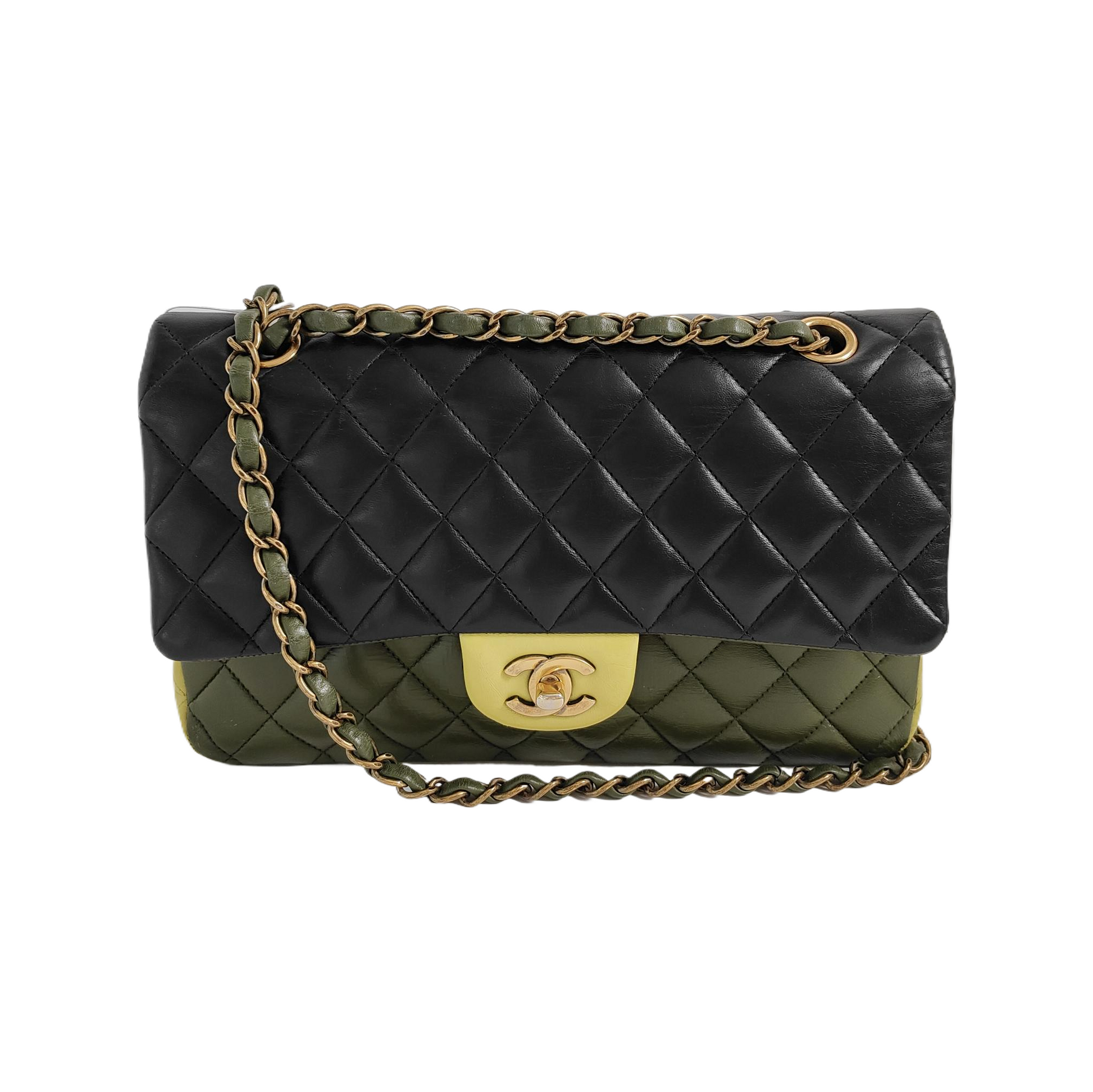 Chanel Timeless Classic Flap Tricolor Lambskin -tone Black Green Gold Leather Handbag