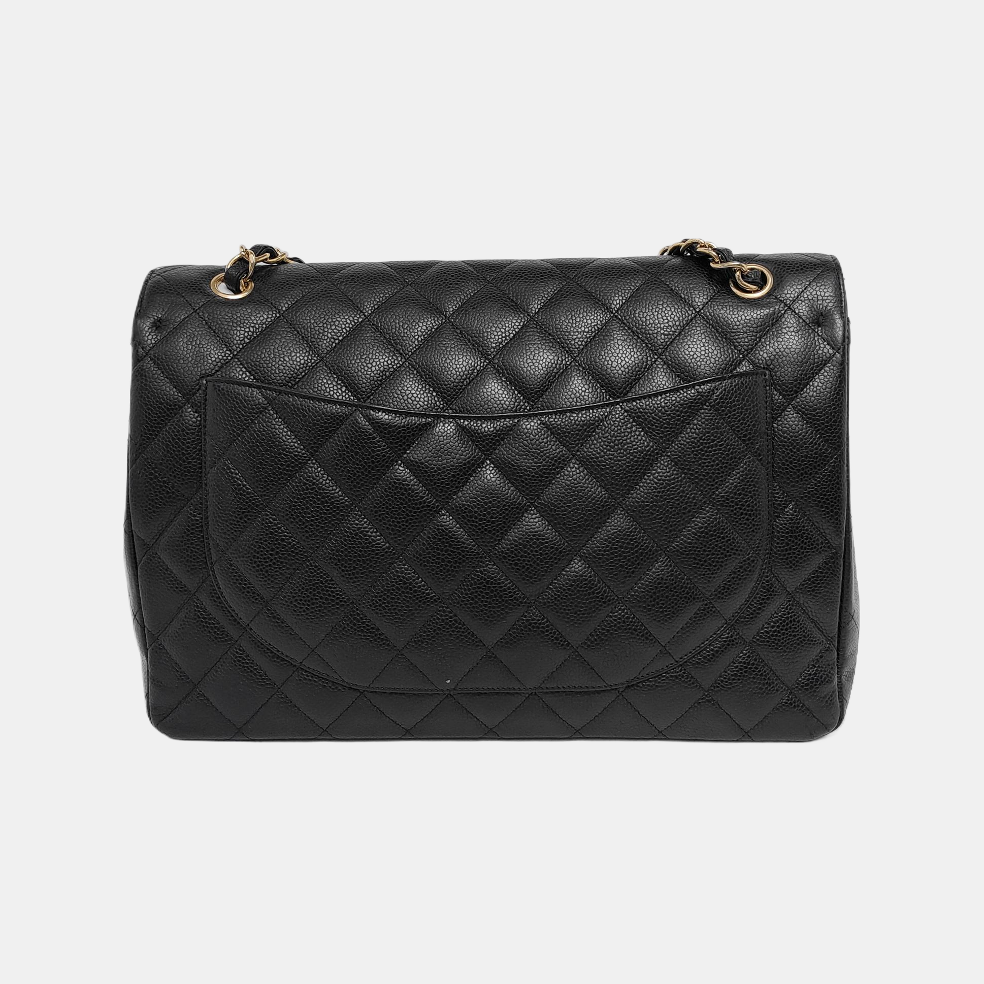 Chanel Classic Flap Maxi Caviar Single Flap Black Gold Leather Handbag Gold Hardware