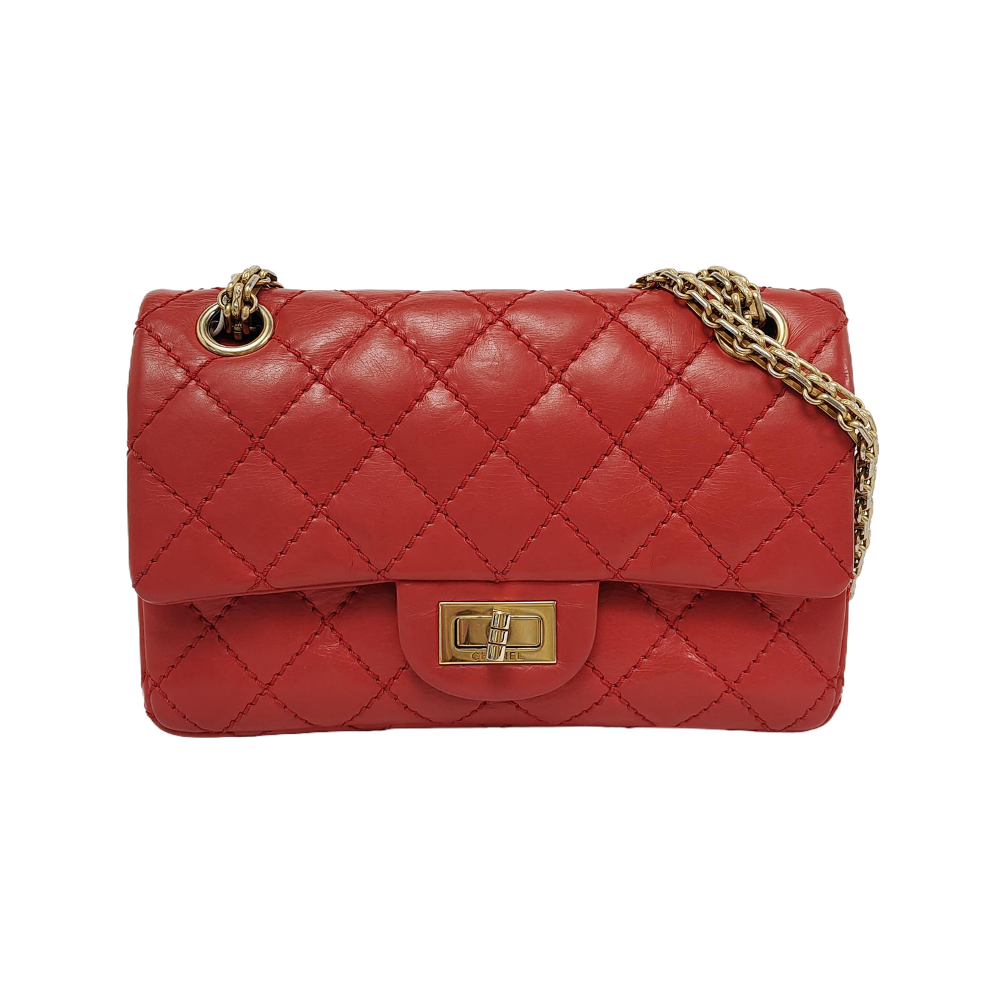 Chanel 2.55 Flap Lambskin -tone Hardware Red Gold Leather Shoulder Bag
