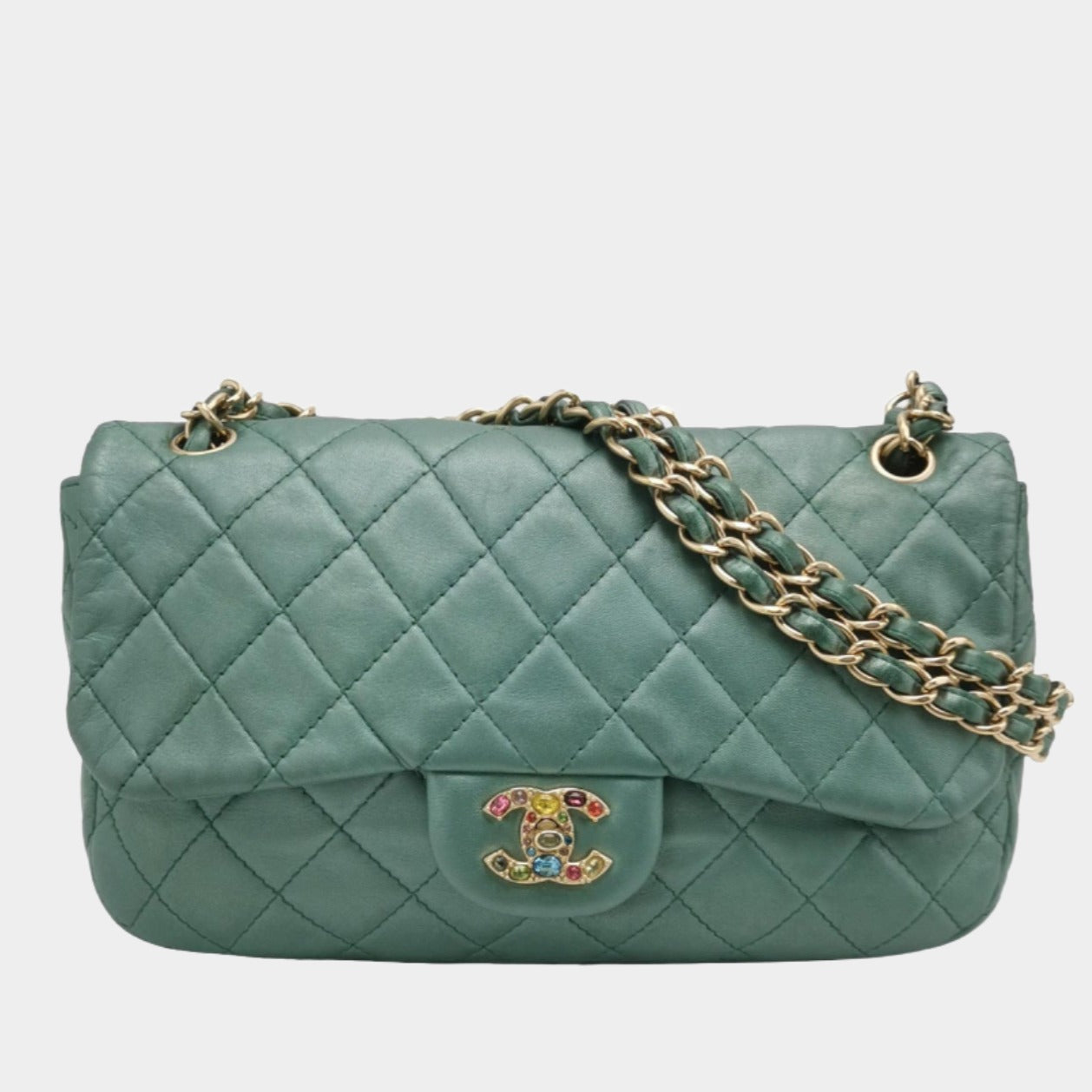 Chanel Classic Flap Teal Gem CC Turn Green Lock Handbag