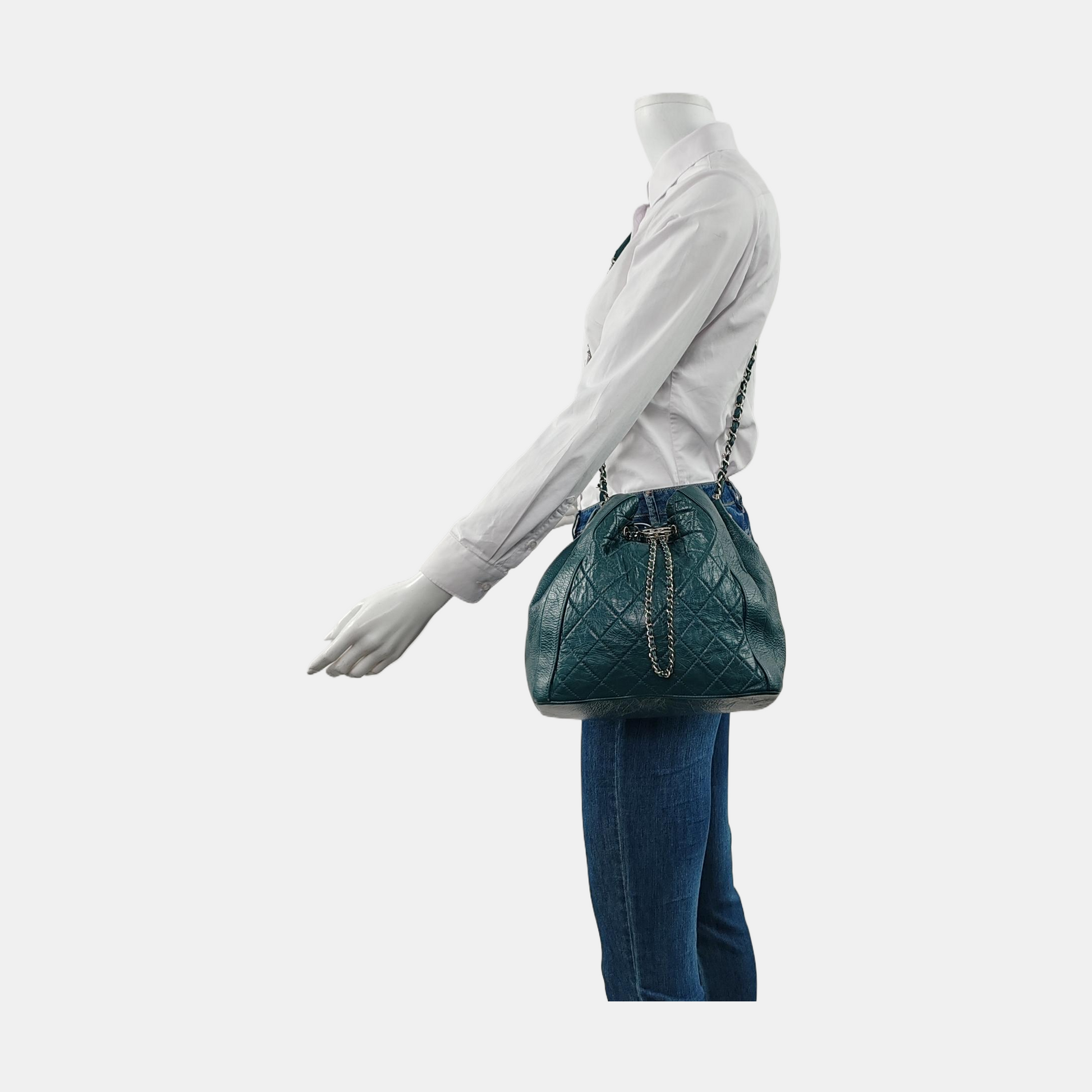 Chanel Gabrielle Drawstring Bucket Dark Calfskin Hardware Green Silver Leather Jewelry