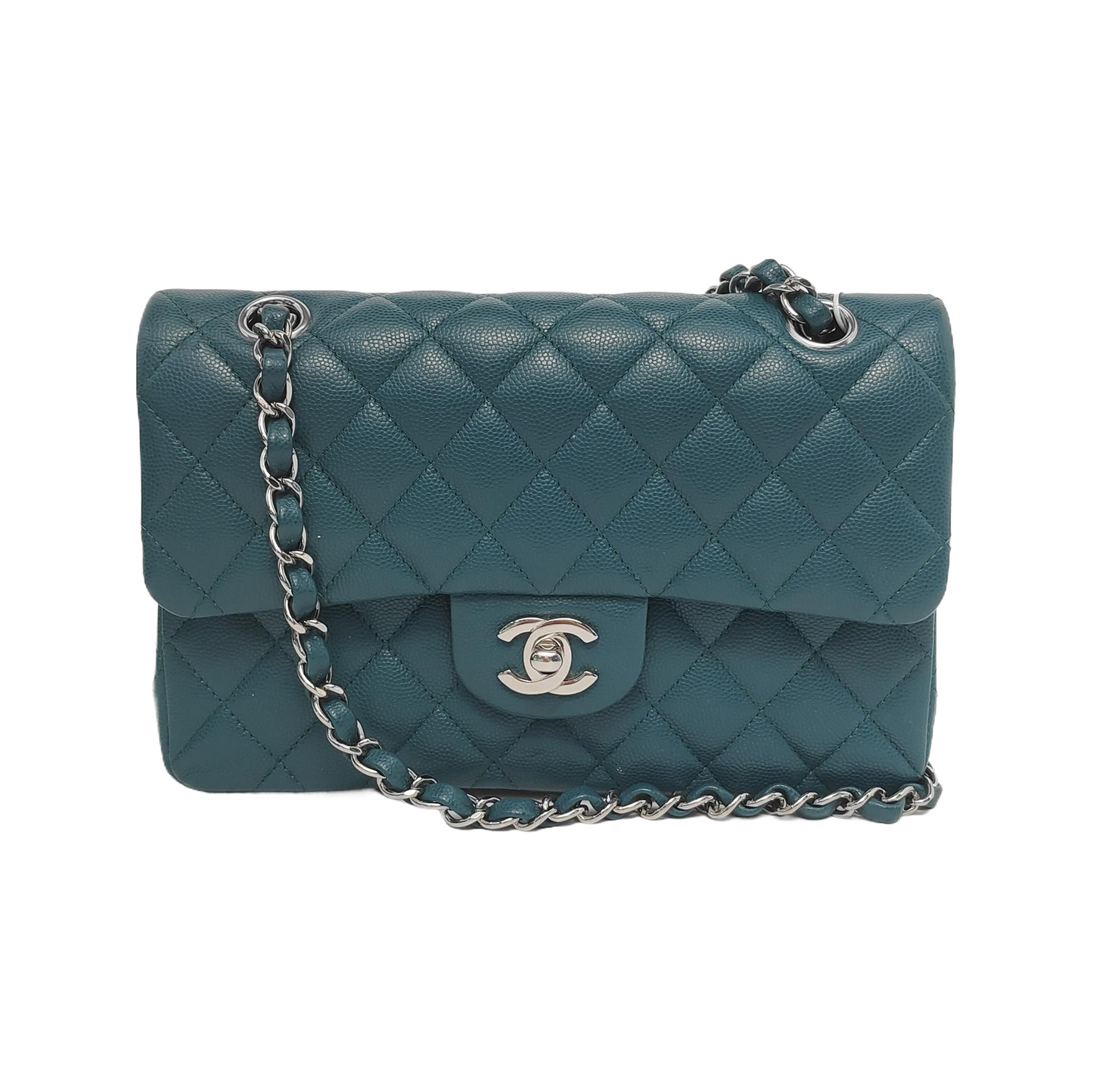Chanel Classic Flap Teal Caviar Hardware Green Silver Small Leather Handbag