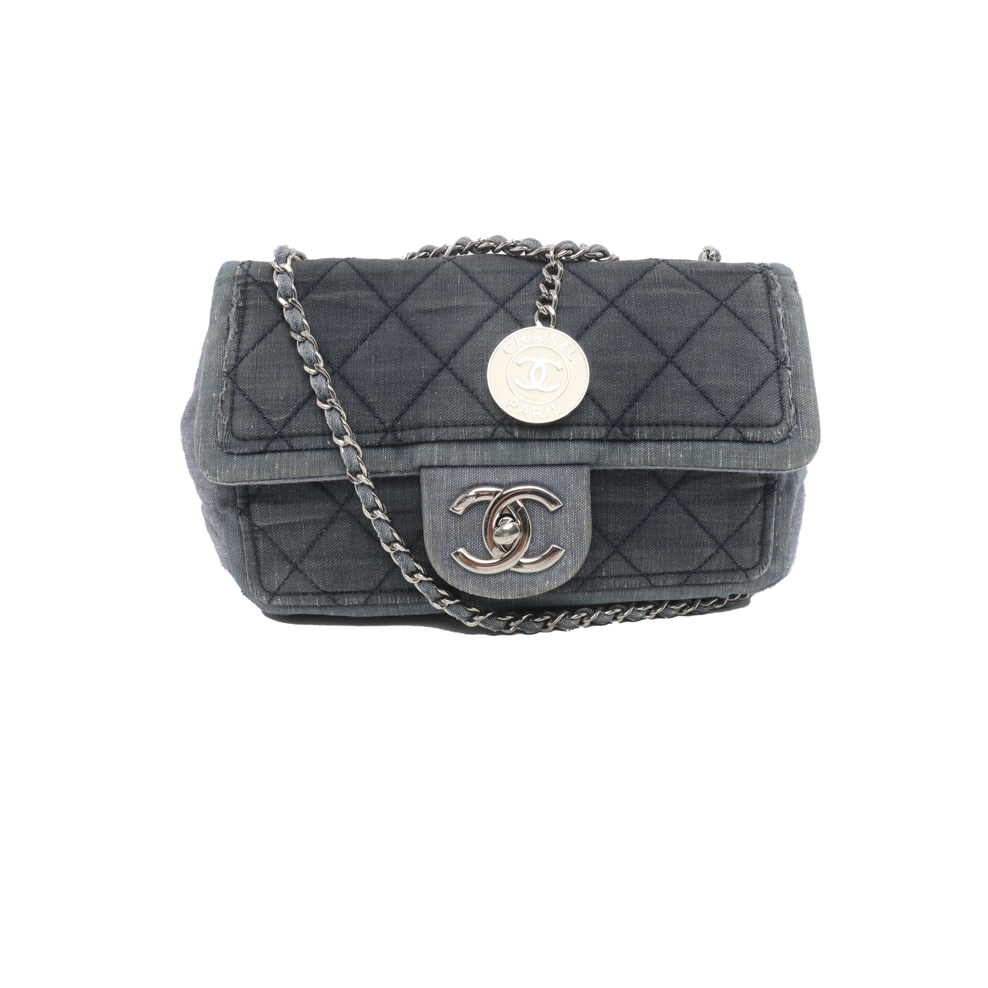Chanel Classic Flap Denim Hardware -15 Blue Silver Mini Bag