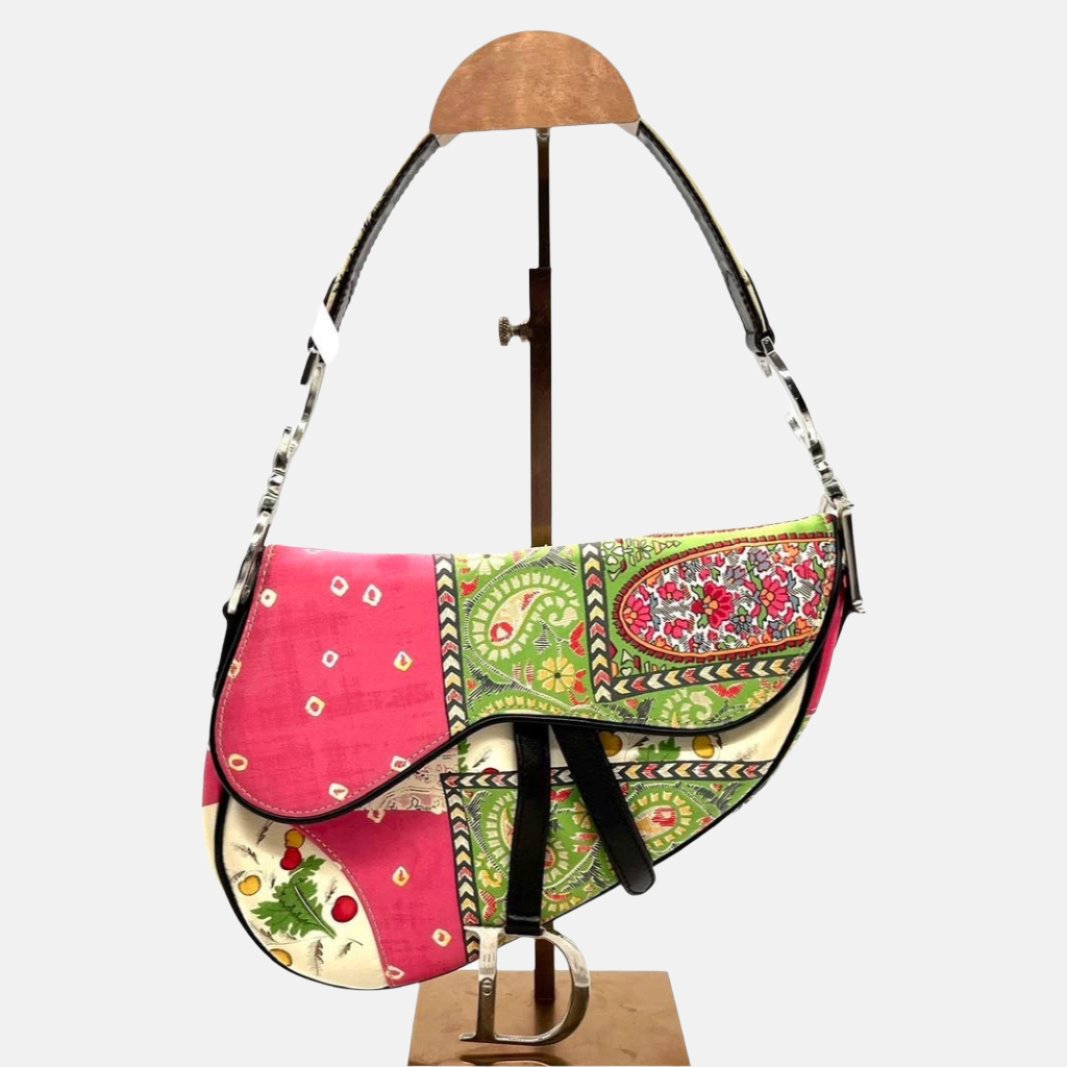 Dior Saddle Multicolor Silk Handbag Rare Medium Travel Bag