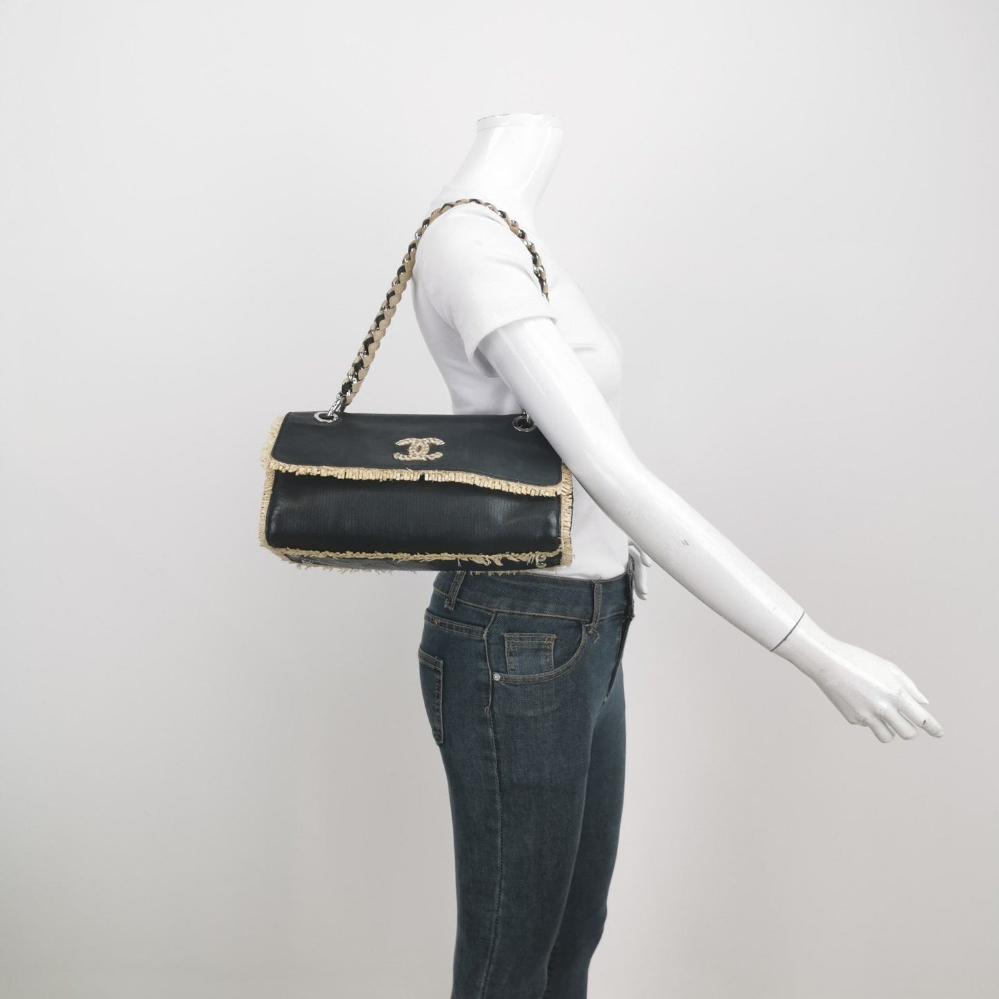 Chanel Classic Flap Straw Black Leather Shoulder Bag