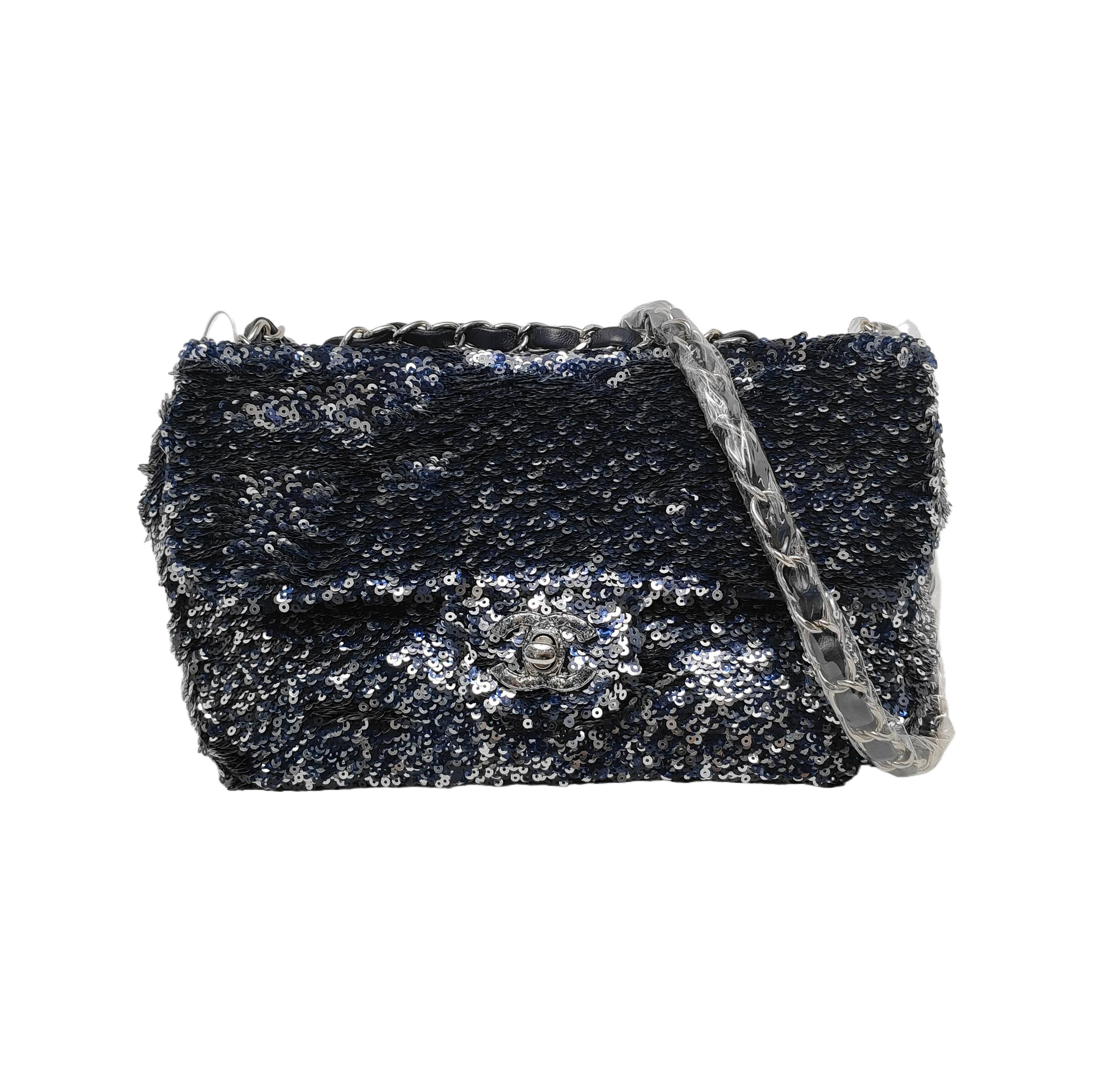 Chanel Paillette Flap Rectangular Glitter Sequins Navy Silver Shoulder Bag