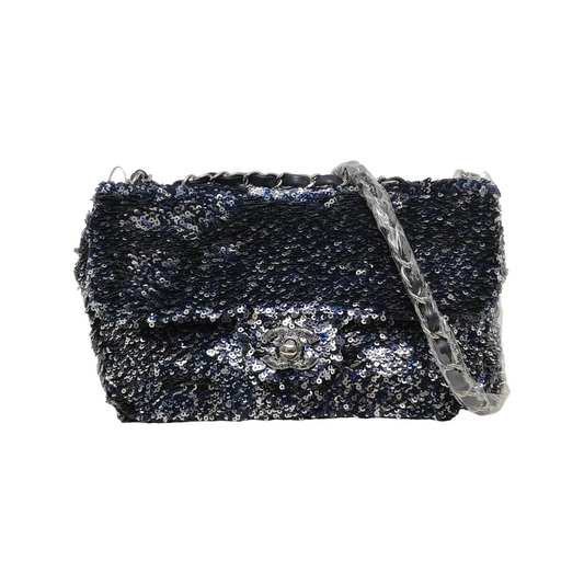 Chanel Paillette Flap Rectangular Glitter Sequins Navy Silver Shoulder Bag