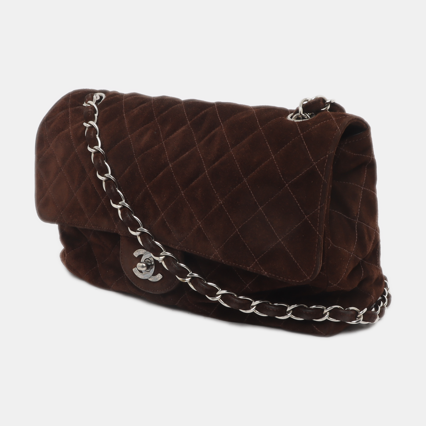 Chanel Classic Flap Dark Chocolate Suede HW Brown Silver Leather Handbag