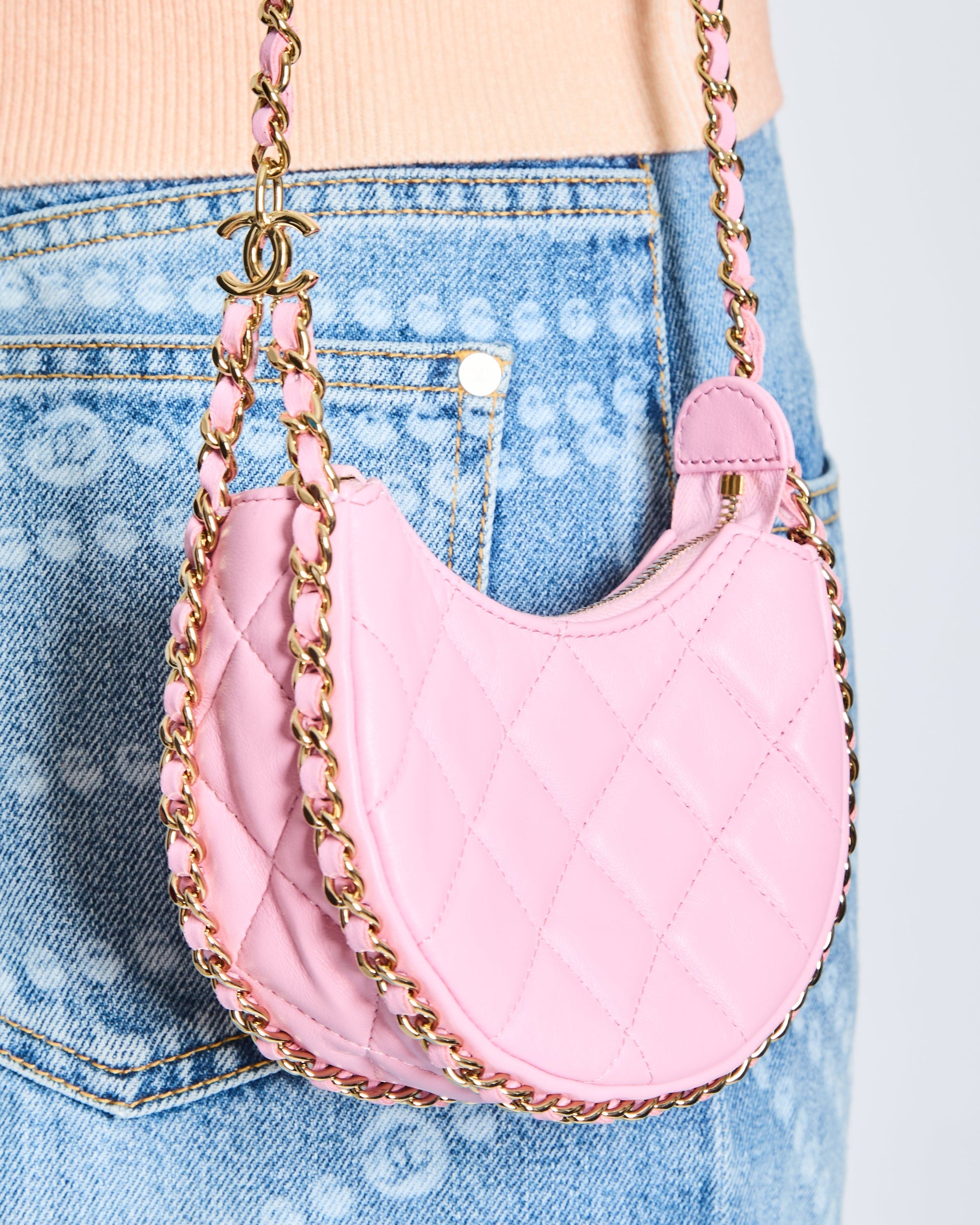 Chanel Bright Pink Small Half Moon Hobo Bag With Champagne Gold Chain All Around Detail
