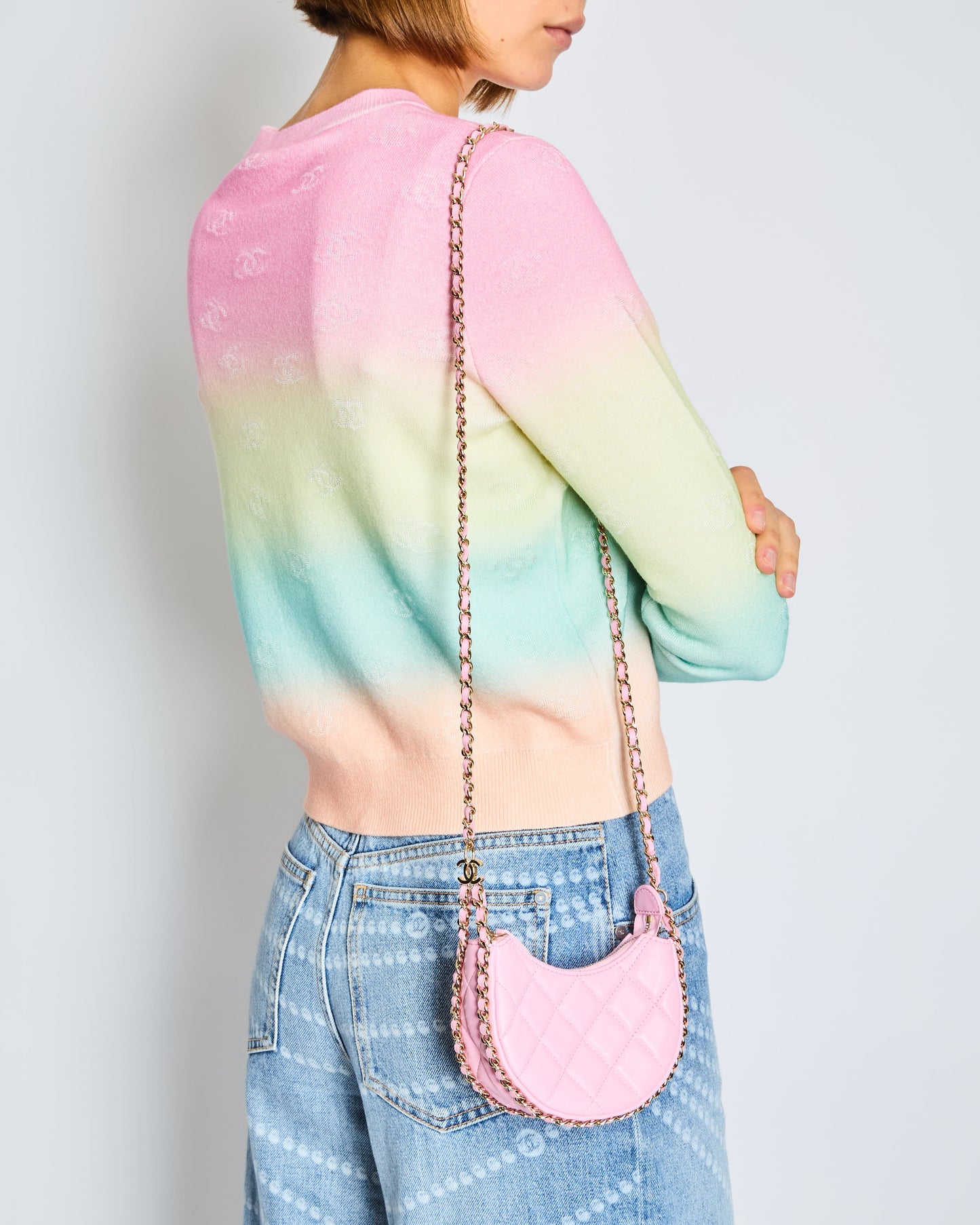 Chanel Bright Pink Small Half Moon Hobo Bag With Champagne Gold Chain All Around Detail