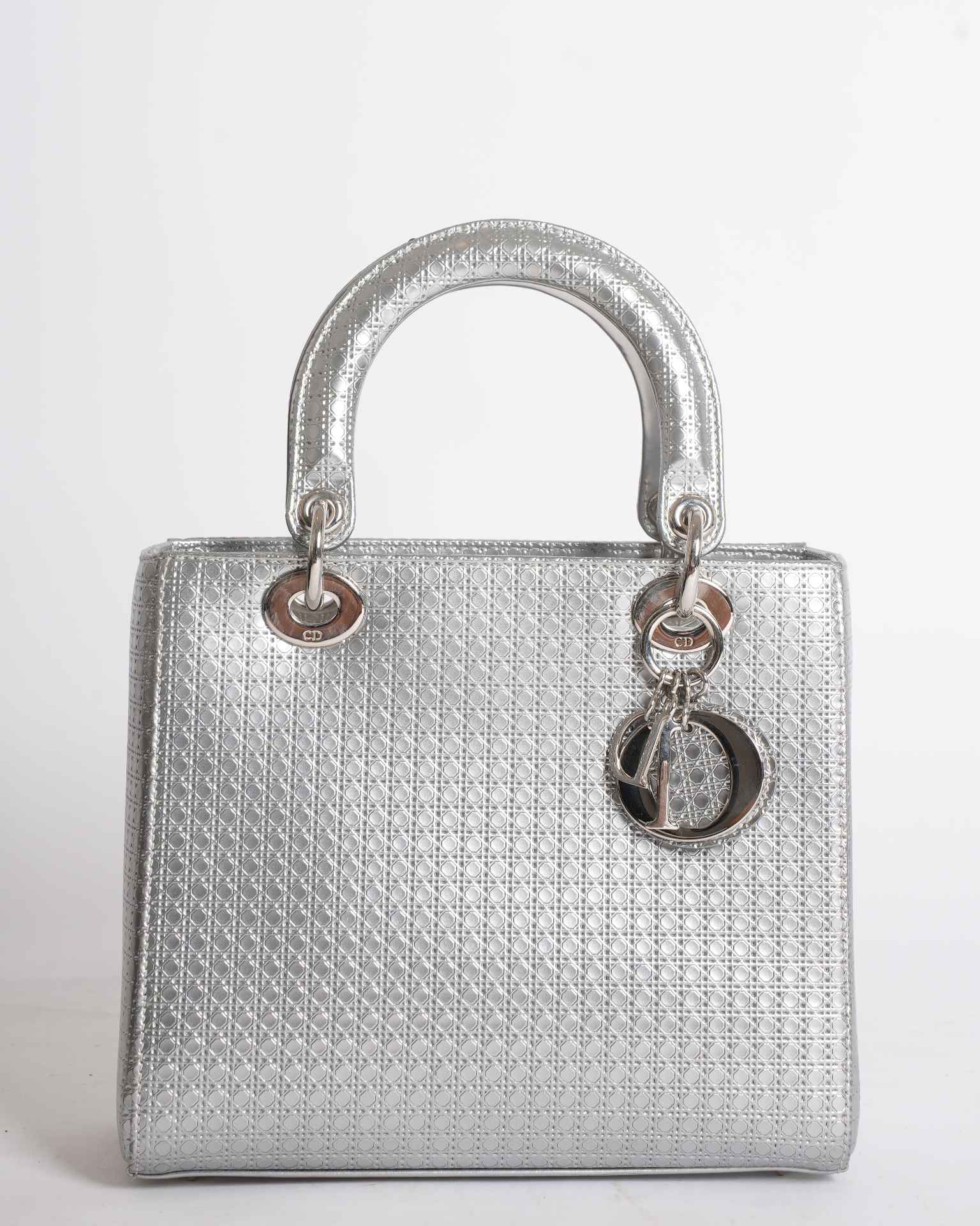 Dior Handbag Lady Cannage Motif Bag In Metallic Silver Small Top Handle