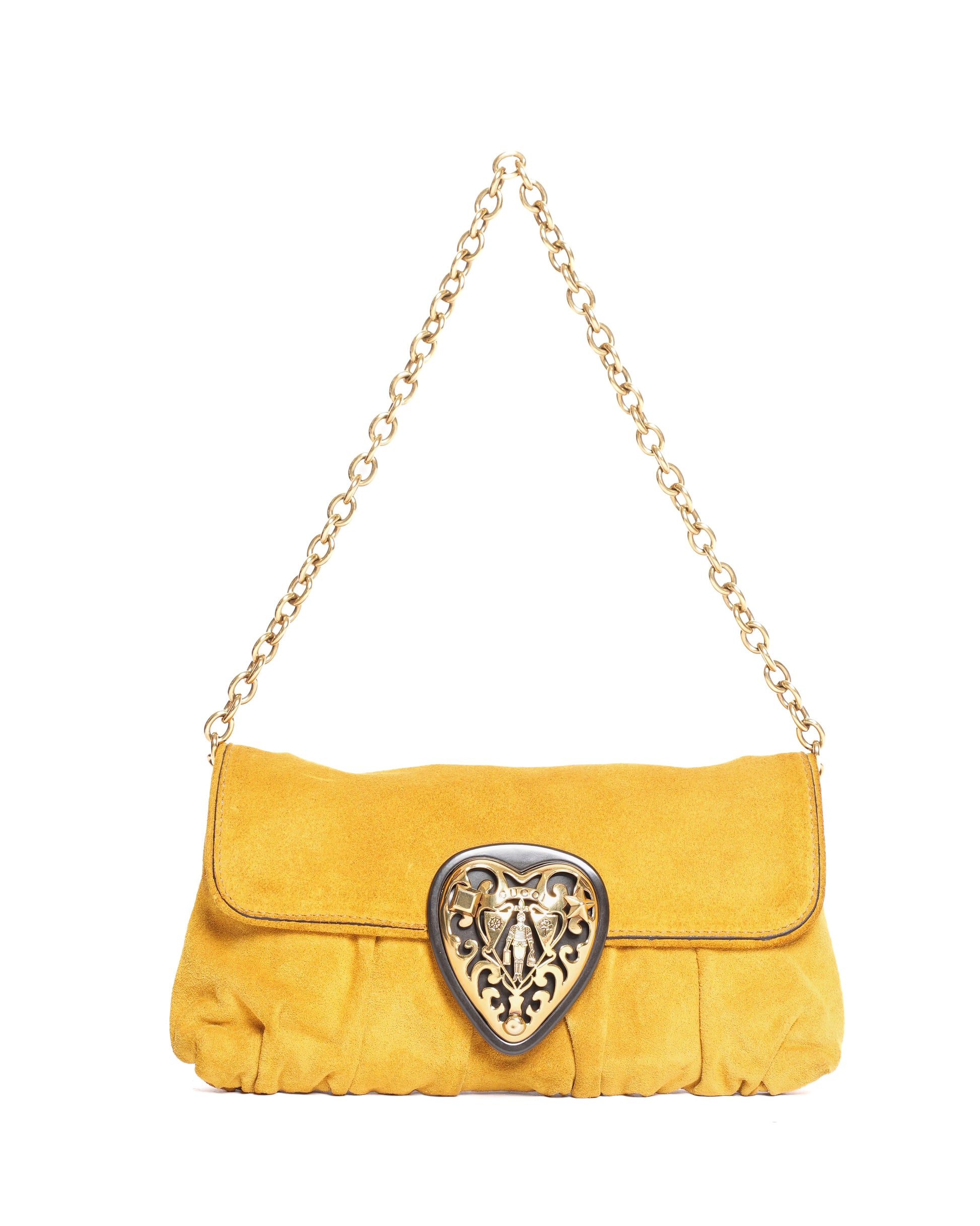 Gucci Mustard Yellow Suede Babouska Heart Chain Shoulder Bag