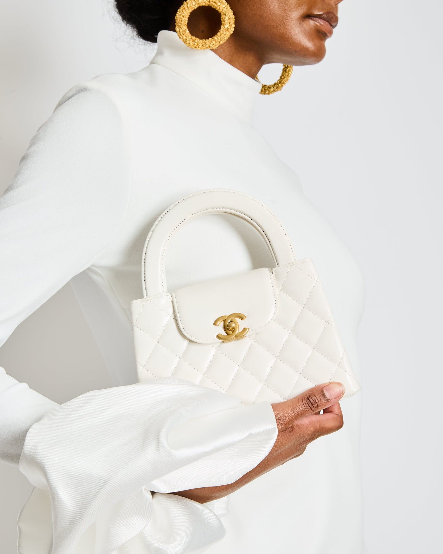 Chanel White Small Mini Kelly Shopping Bag In Shiny Calfskin Leather With Antique Gold Hardware