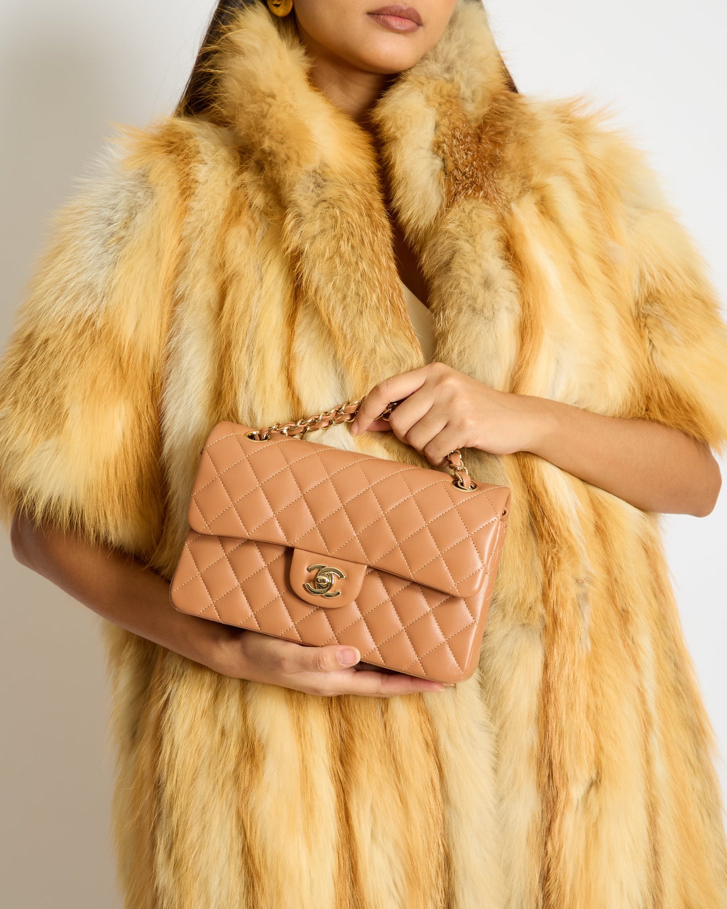 Chanel *Hot* Caramel Small Classic Double Flap Bag In Lambskin Leather With Champagne Gold Hardware