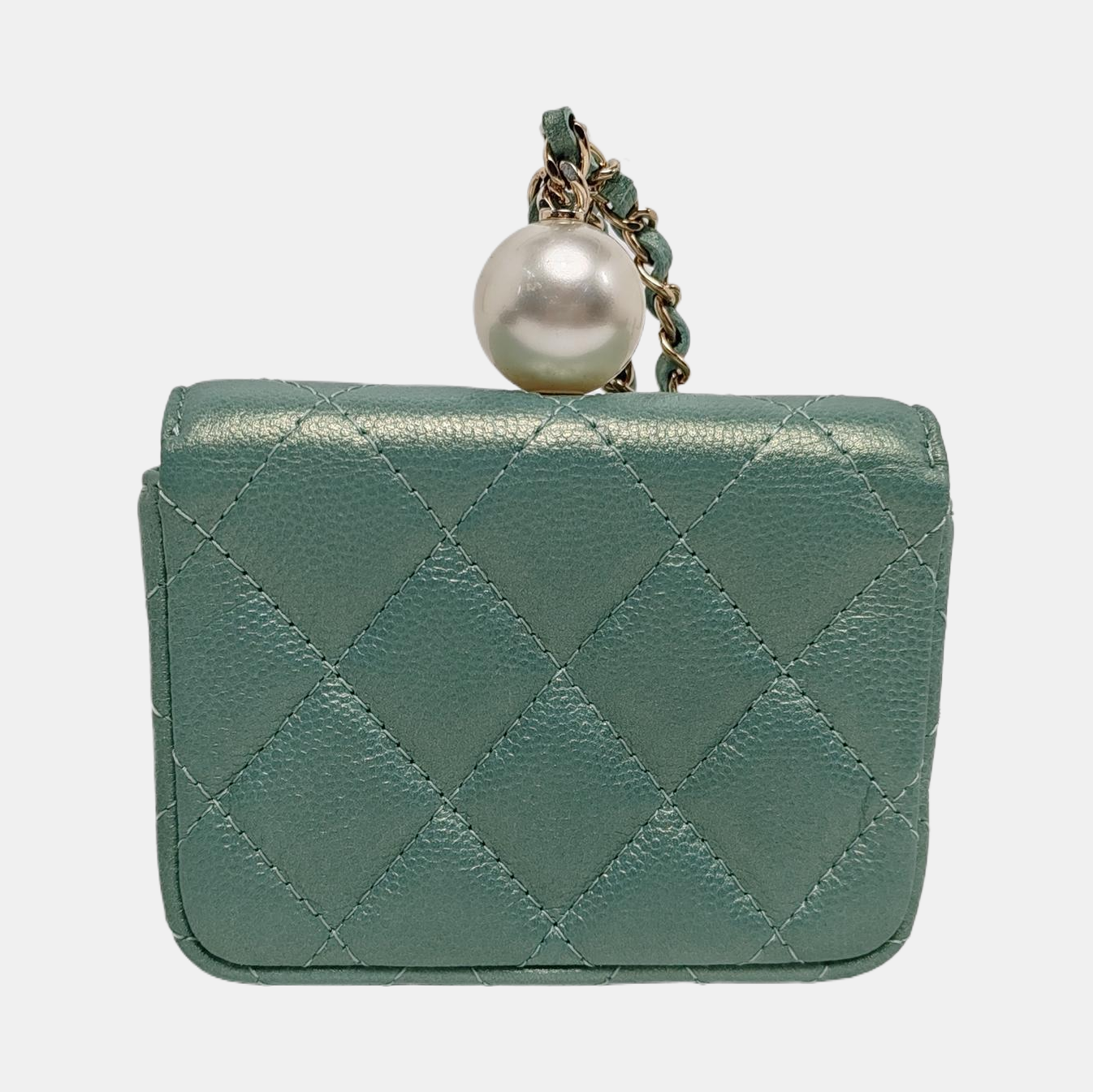Chanel CC Pearl Coin  Holder with Chain Quilted Green Caviar Leather Gold Hardware 2021