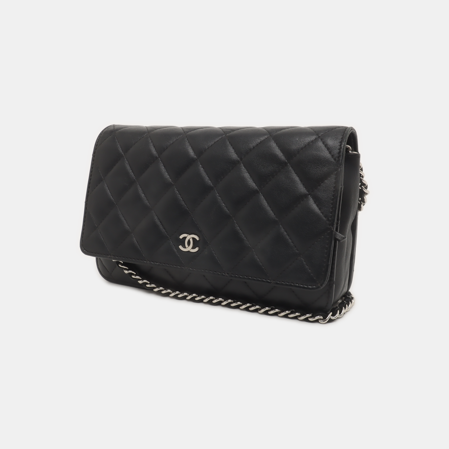 Chanel on Classic Flap Lambskin Hardware Black Silver Leather Wallet Case
