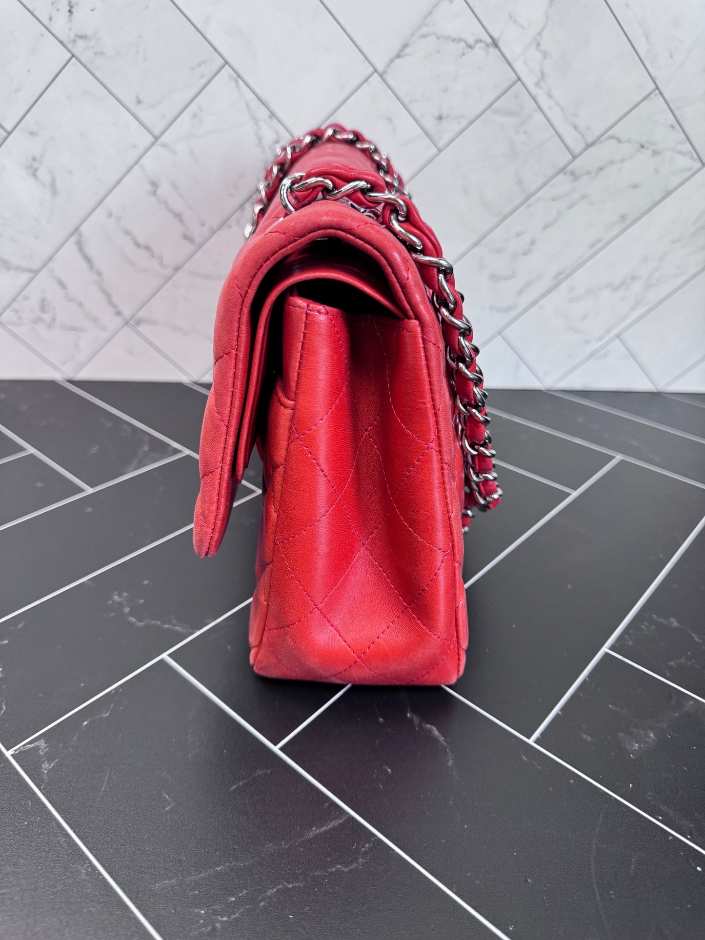 Chanel Orange/Red Lambskin Quilted Large Double Flap