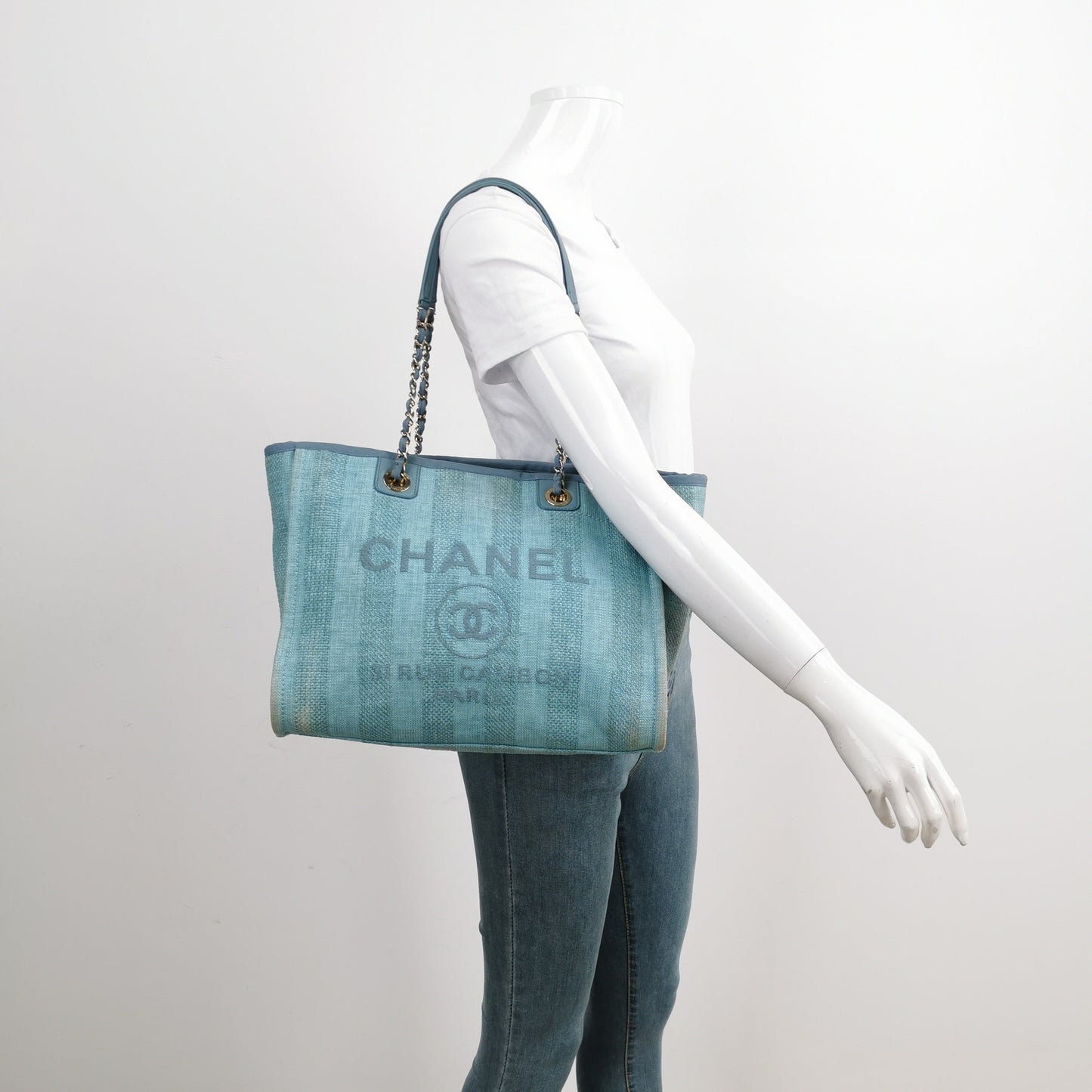 Chanel Deauville Light Turquoise Stripes Cloth Handle Blue Small Leather Tote Bag
