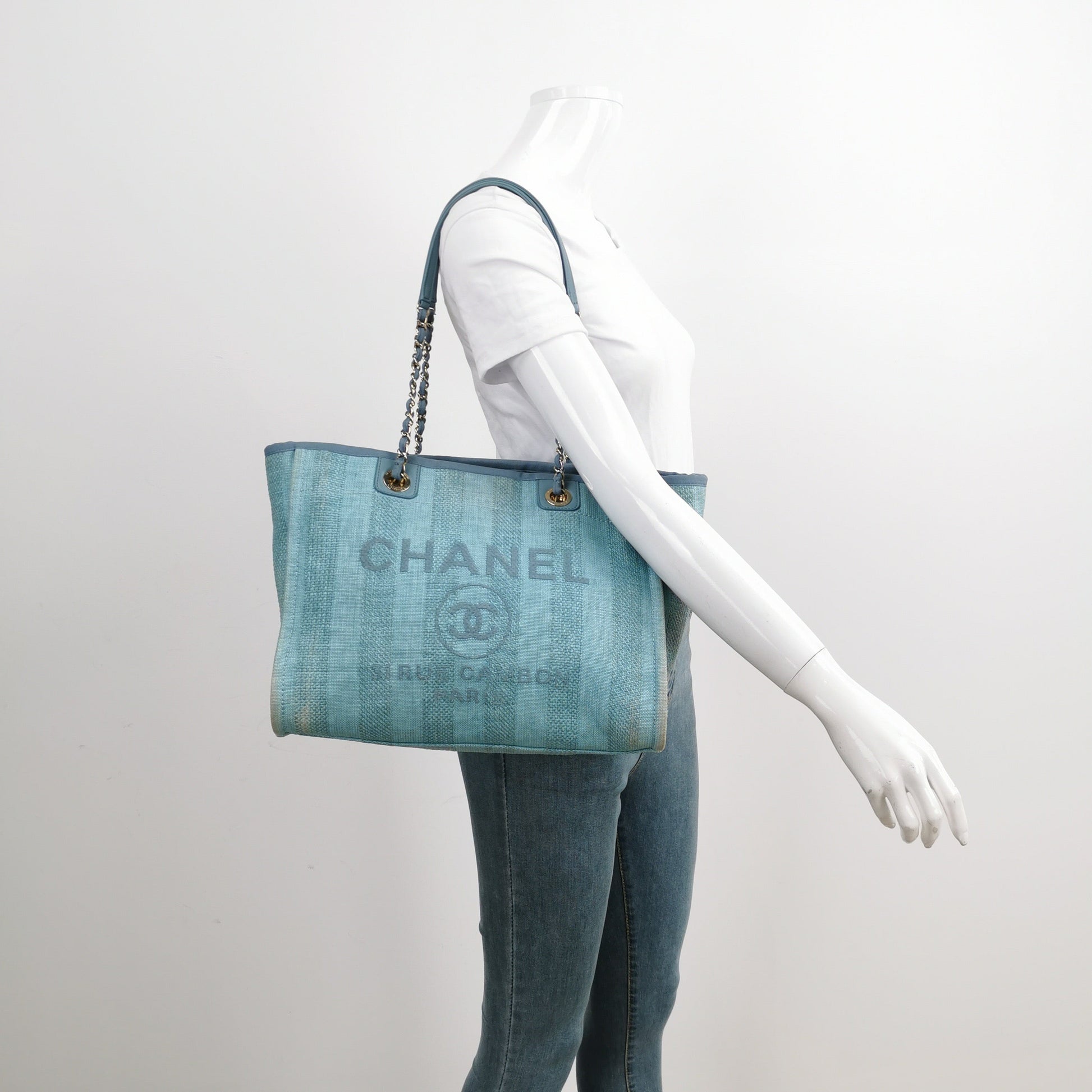 Chanel Deauville Light Turquoise Stripes Cloth Handle Blue Small Leather Tote Bag