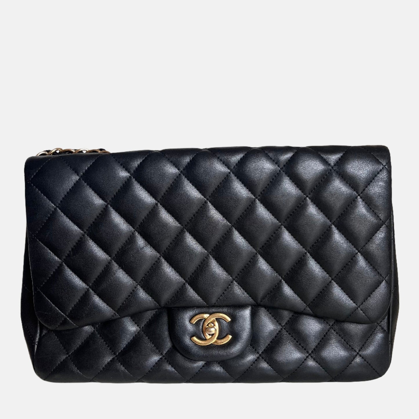 Chanel Classic Flap Jumbo Lambskin Single Flap Black Gold Leather Handbag