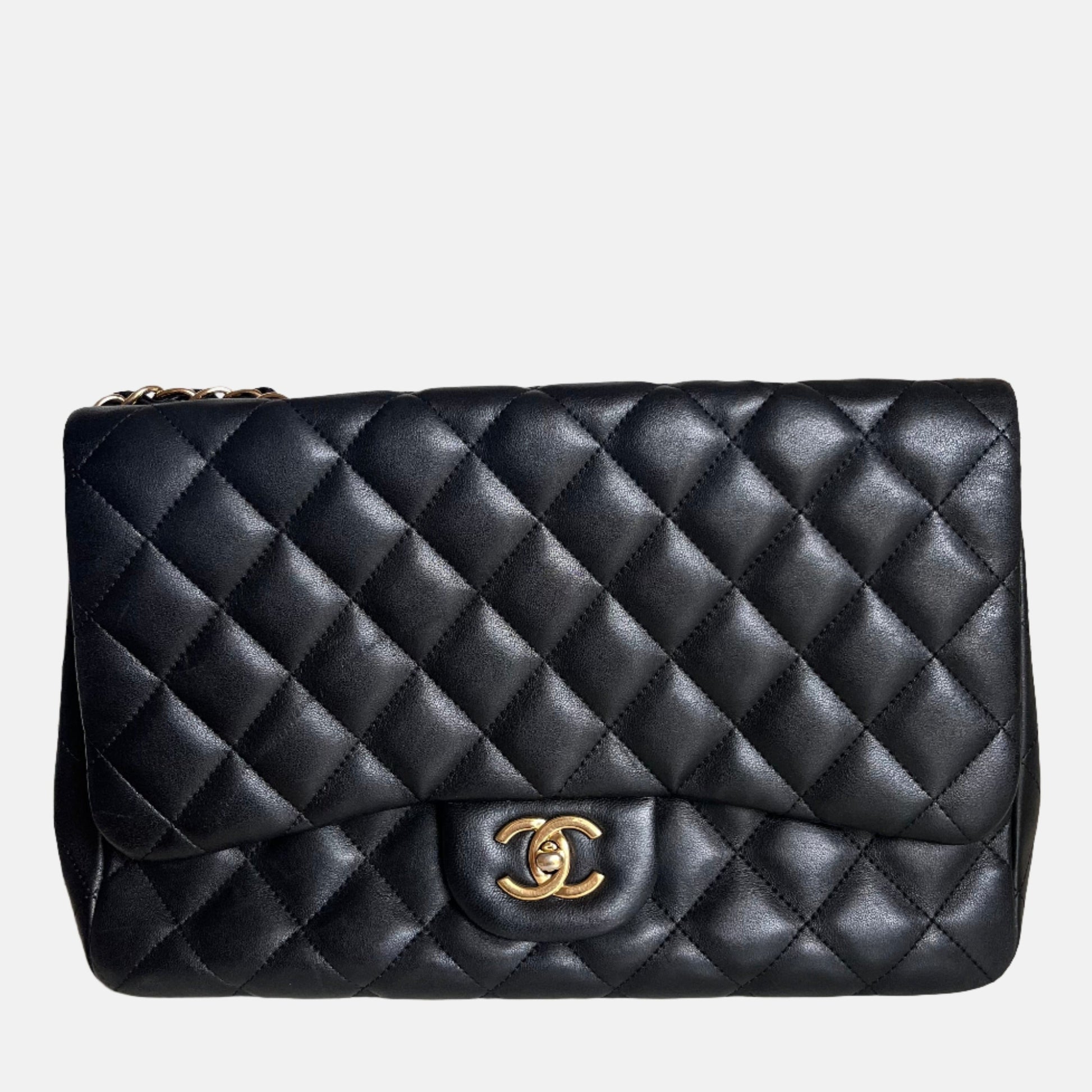 Chanel Classic Flap Jumbo Lambskin Single Flap Black Gold Leather Handbag