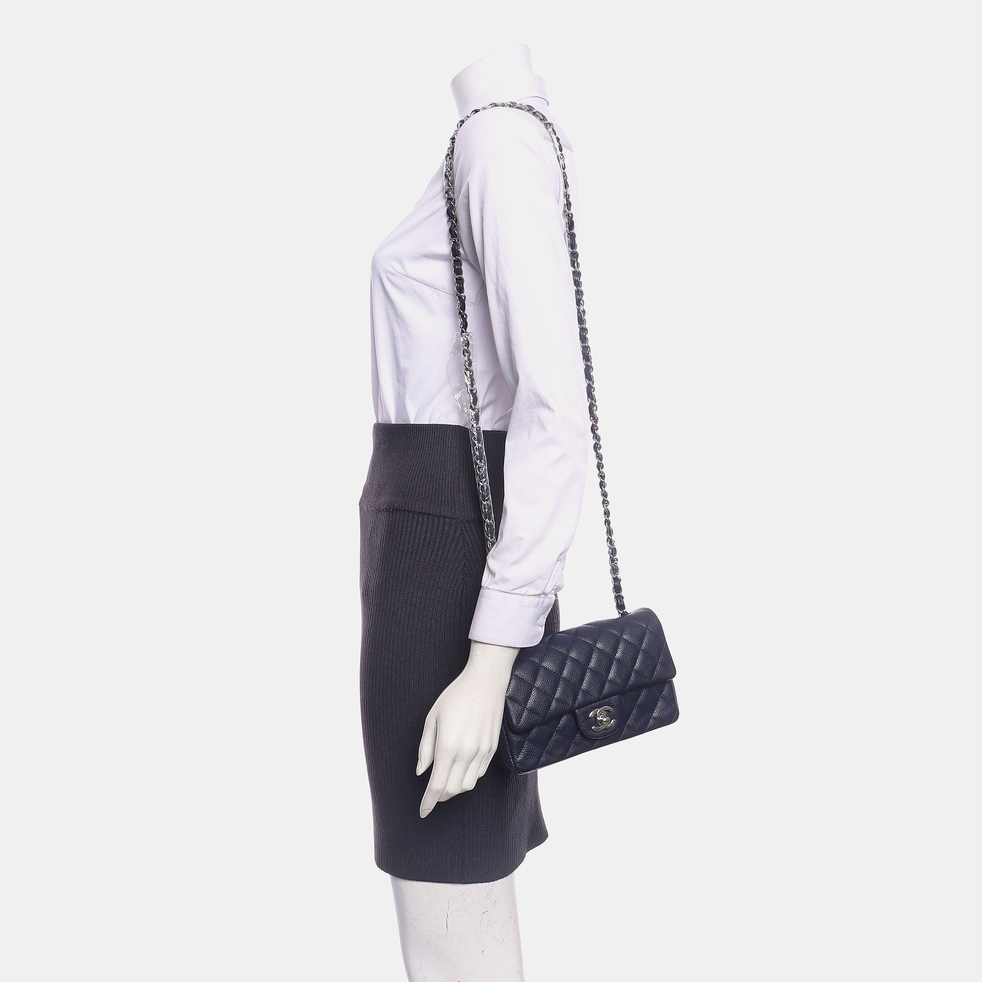 Chanel Classic Flap Rectangular Navy Caviar Hardware Silver Leather Mini Bag