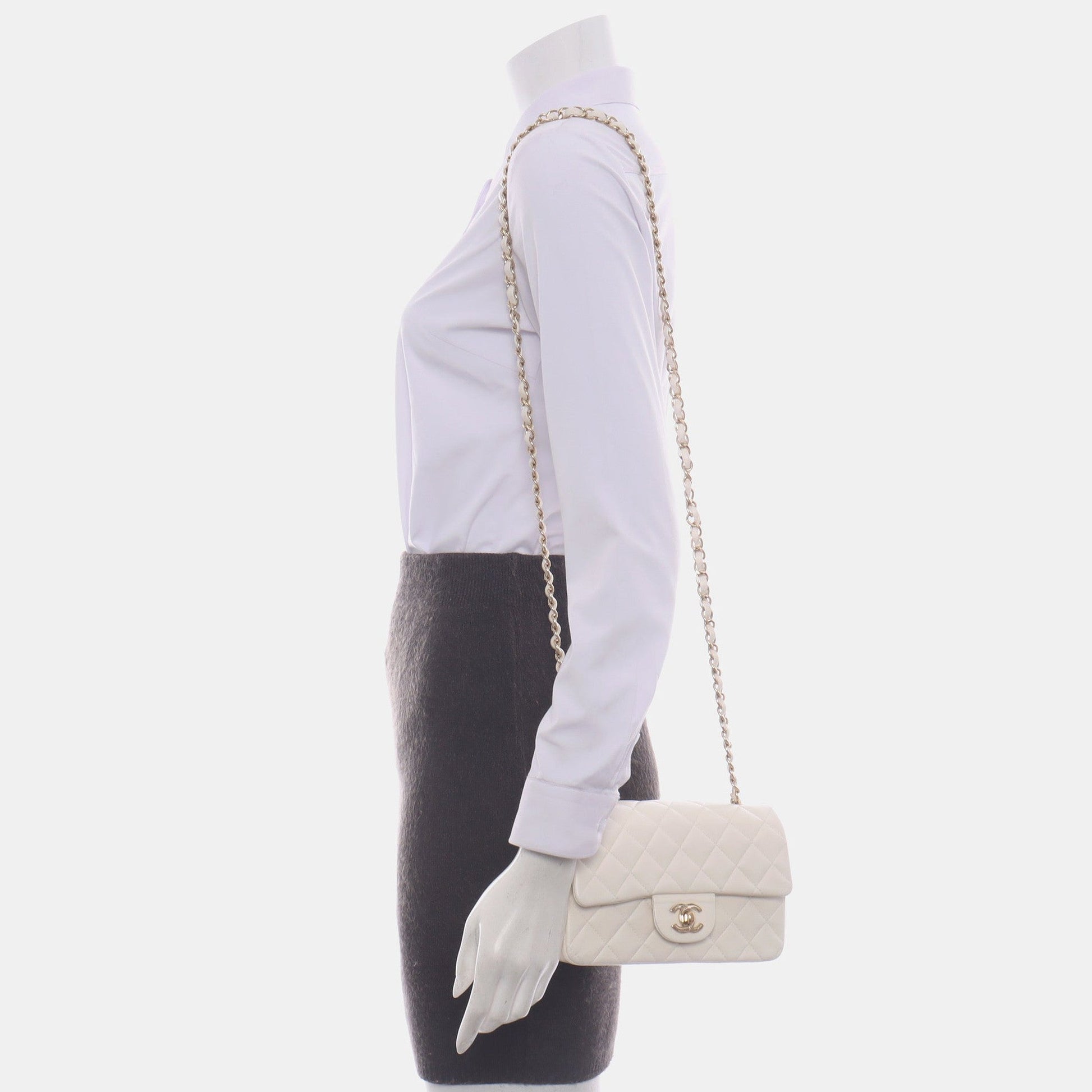 Chanel Classic Flap Rectangular Lambskin Hardware White Silver Mini Bag