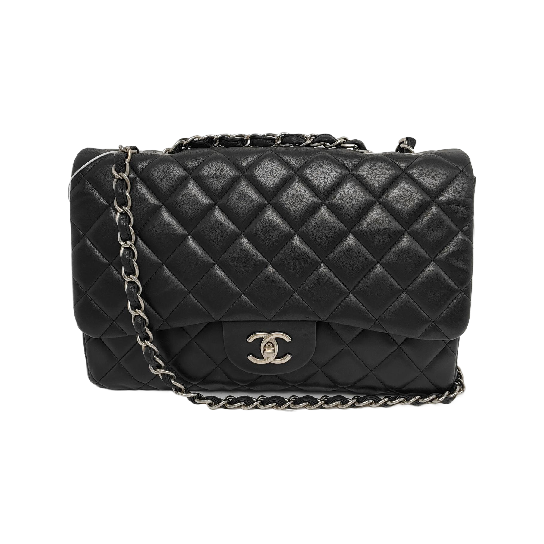 Chanel Classic Flap Jumbo Lambskin Single Flap Black Silver Leather Handbag
