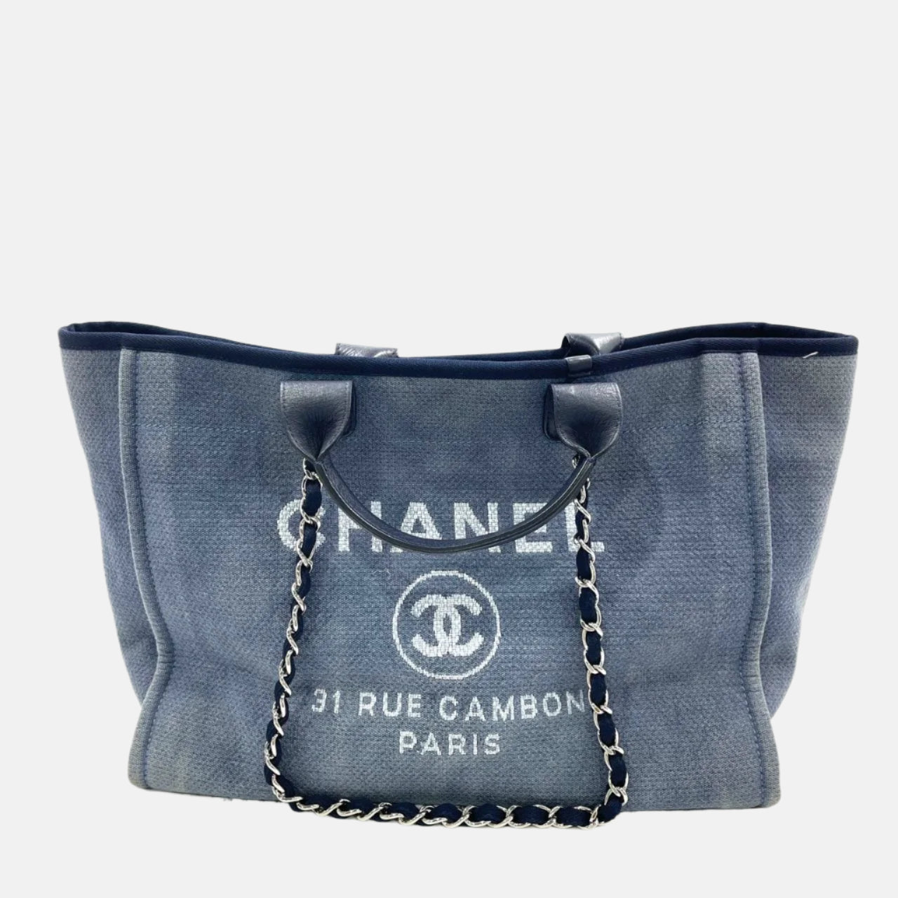 Chanel Deauville Navy Denim Top Handle Tote Bag Handle 1