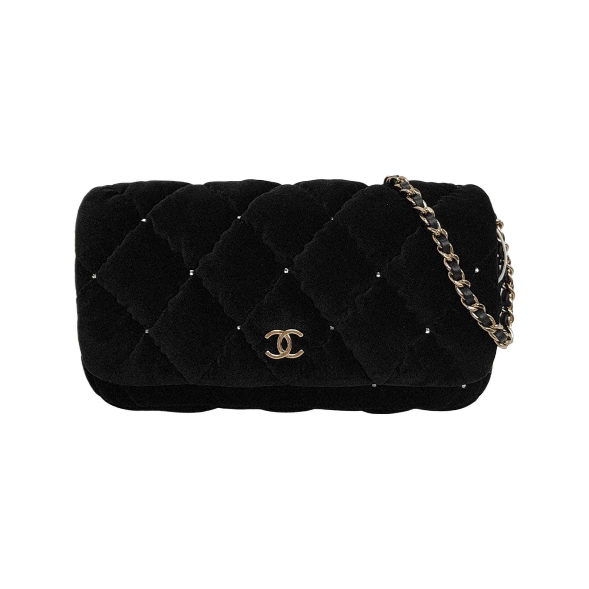 Chanel Flap Velvet Gem Studded Hardware Microchip Black Silver Mini Bag