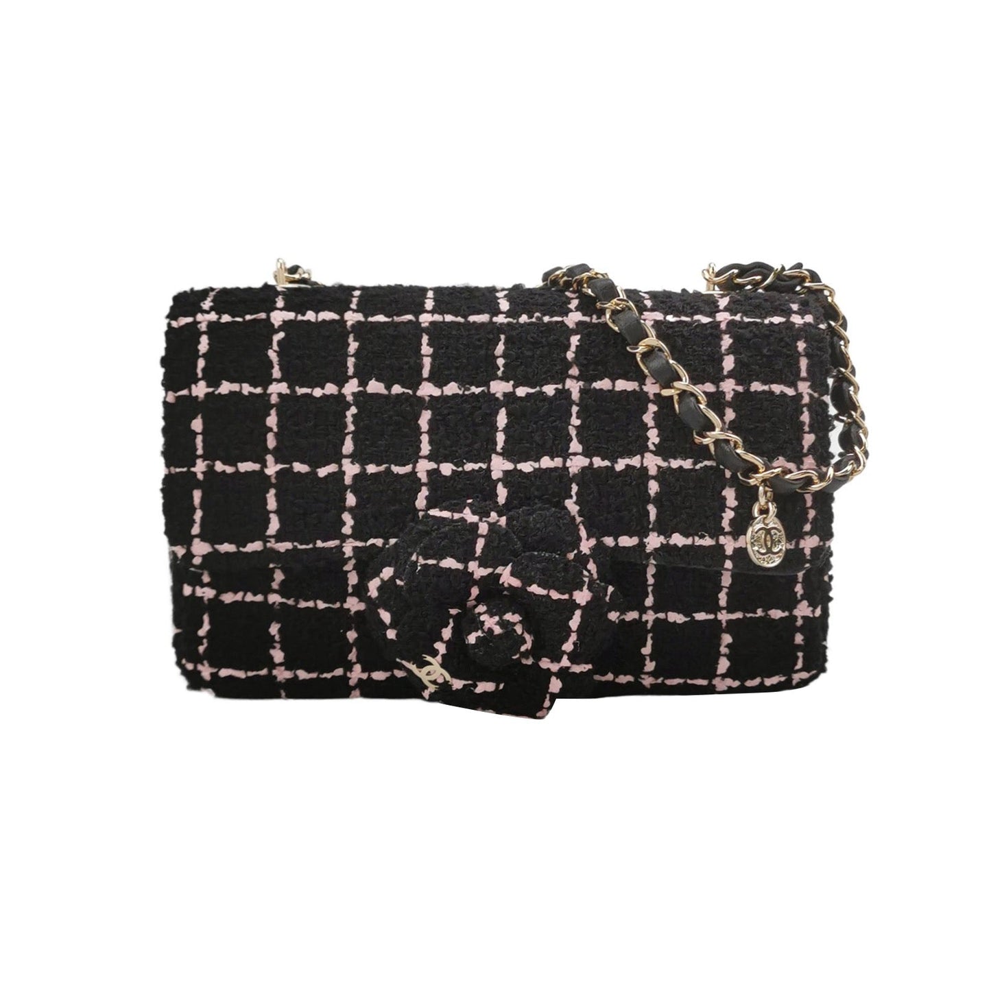 Chanel Rectangular Tweed Flap Camellia Single Black Pink Small Crossbody Bag