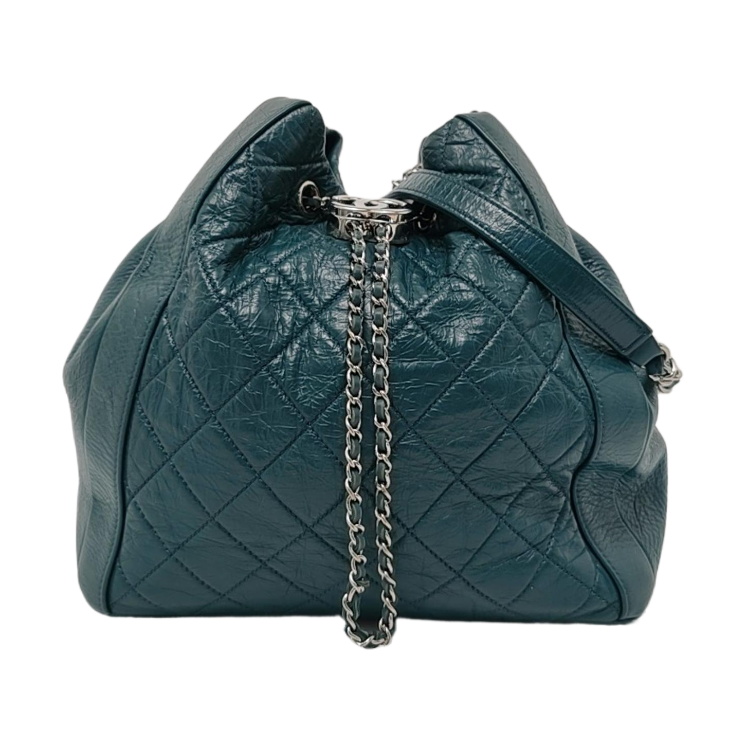 Chanel Gabrielle Drawstring Bucket Dark Calfskin Hardware Green Silver Leather Jewelry