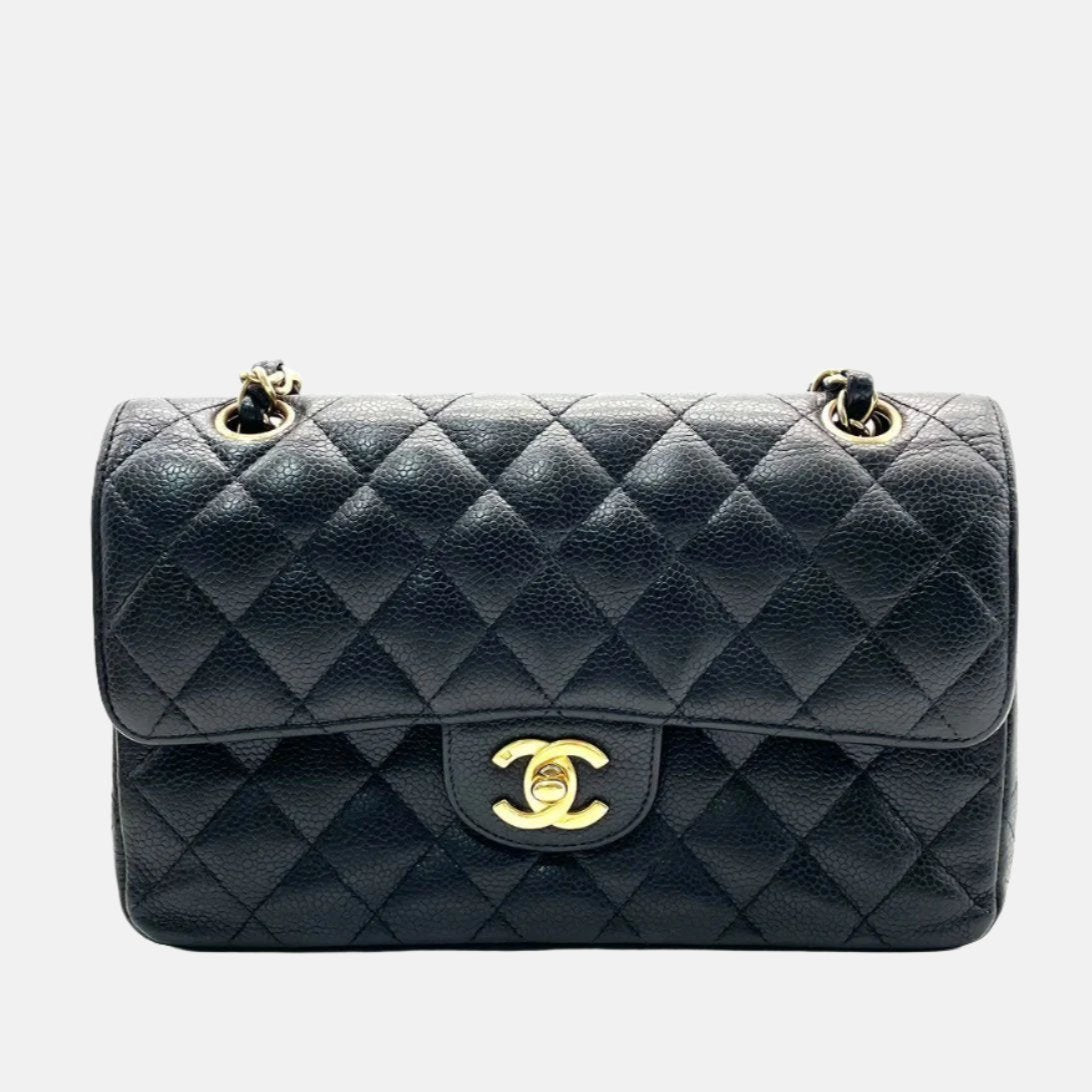 Chanel Classic Flap Caviar 24k Hardware Black Gold Small Leather Handbag