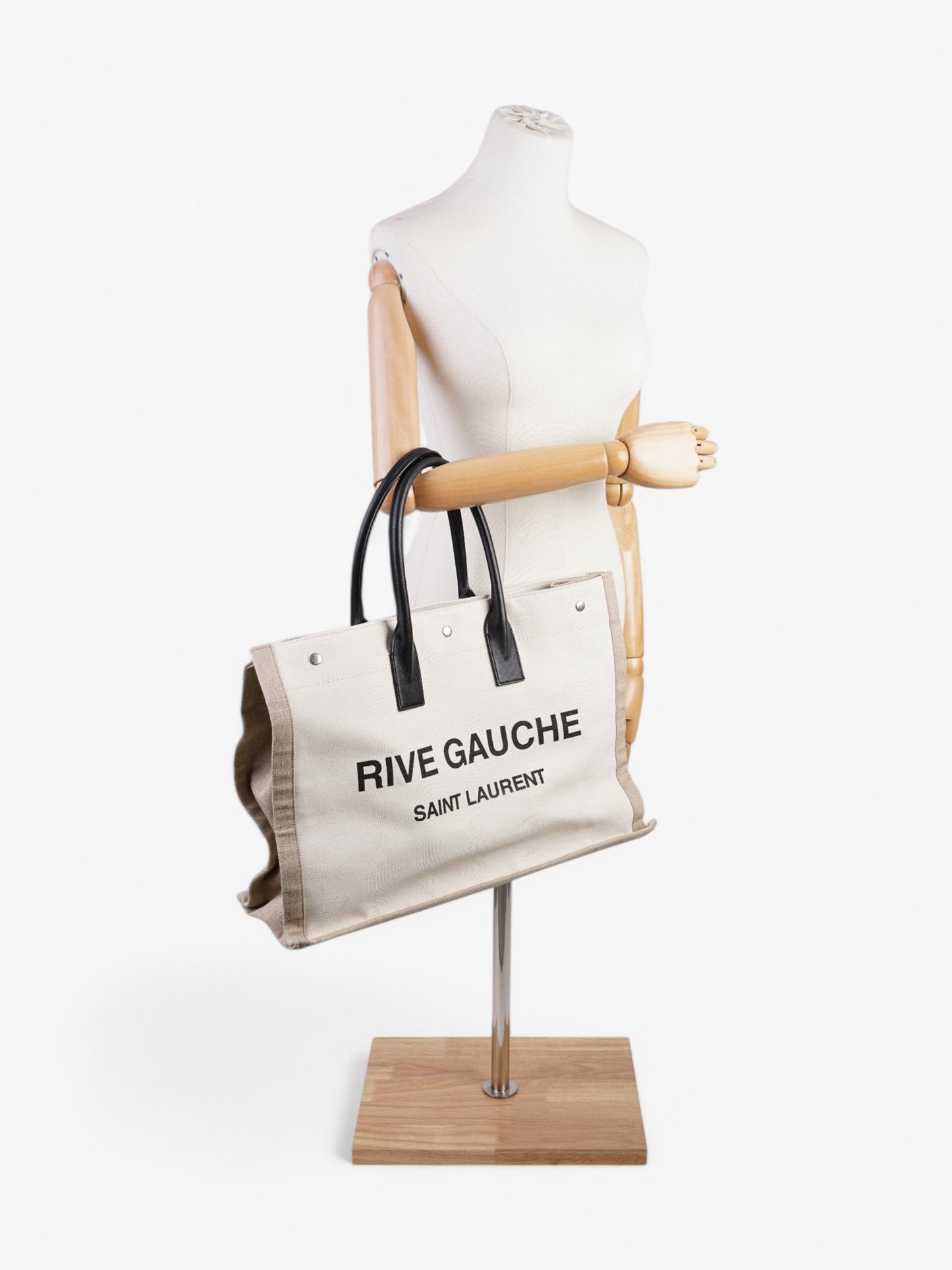 YSL Saint Laurent Rive Gauche Tote Greige Canvas Black White Tote Bag