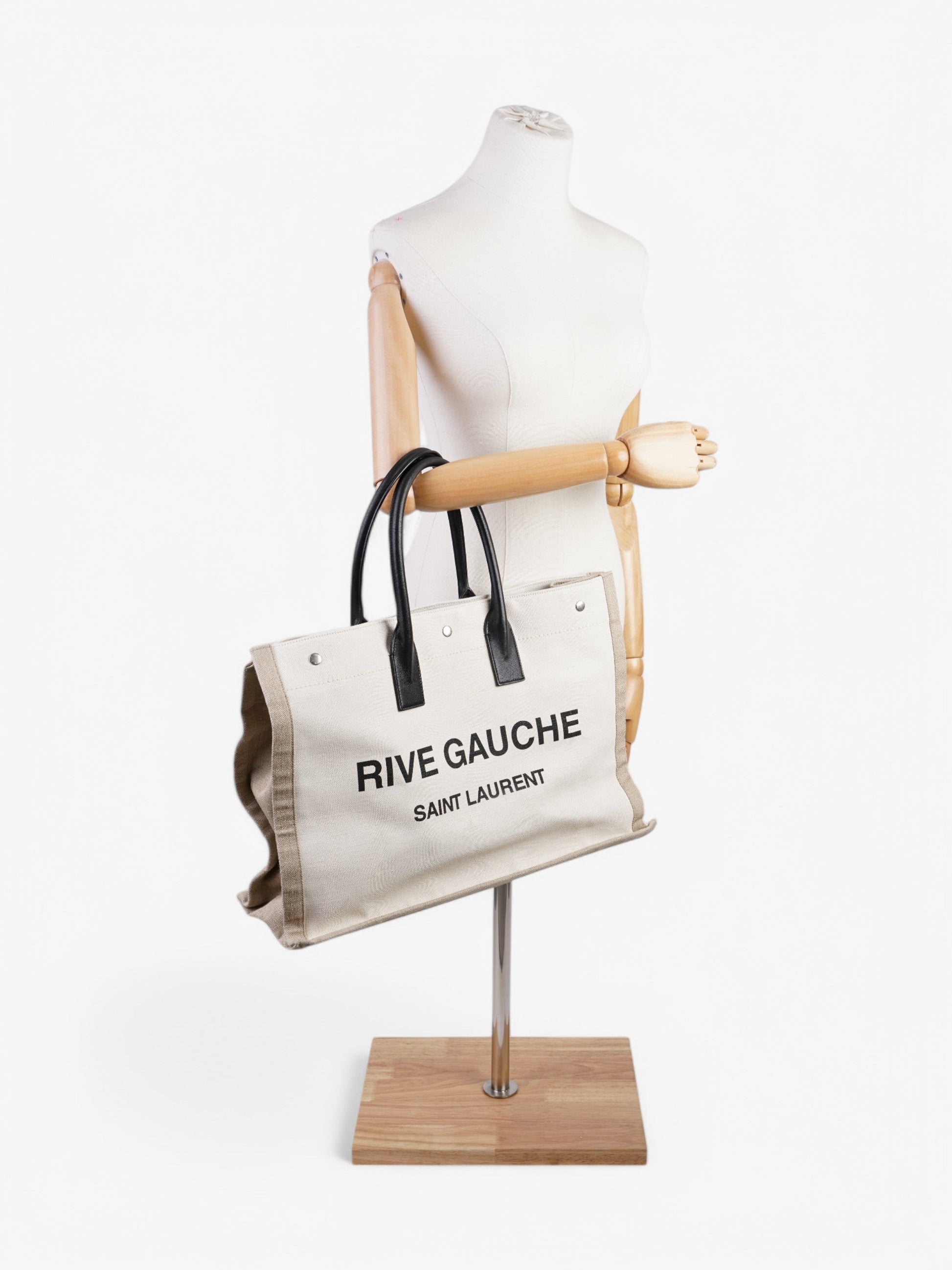 YSL Saint Laurent Rive Gauche Tote Greige Canvas Black White Tote Bag