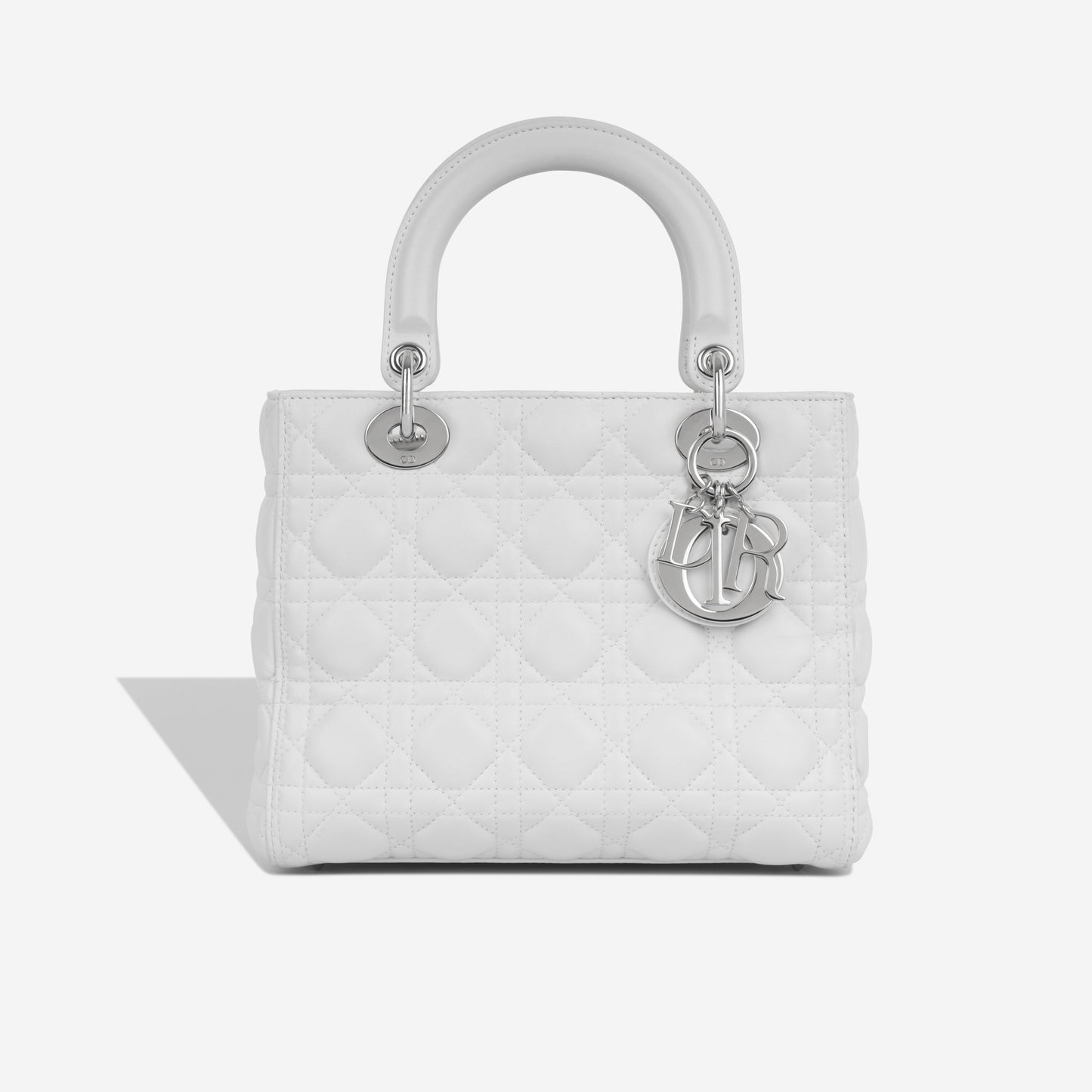 Dior Christian Lady Tote Bag Medium White Lambskin Silver