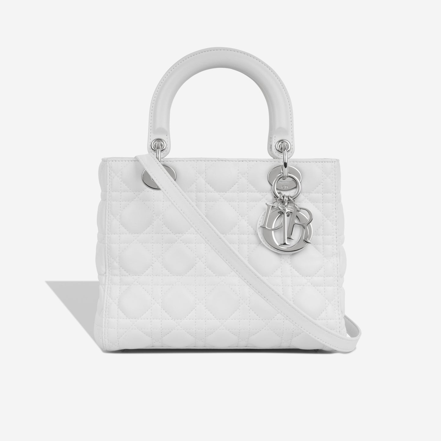 Dior Christian Lady Tote Bag Medium White Lambskin Silver