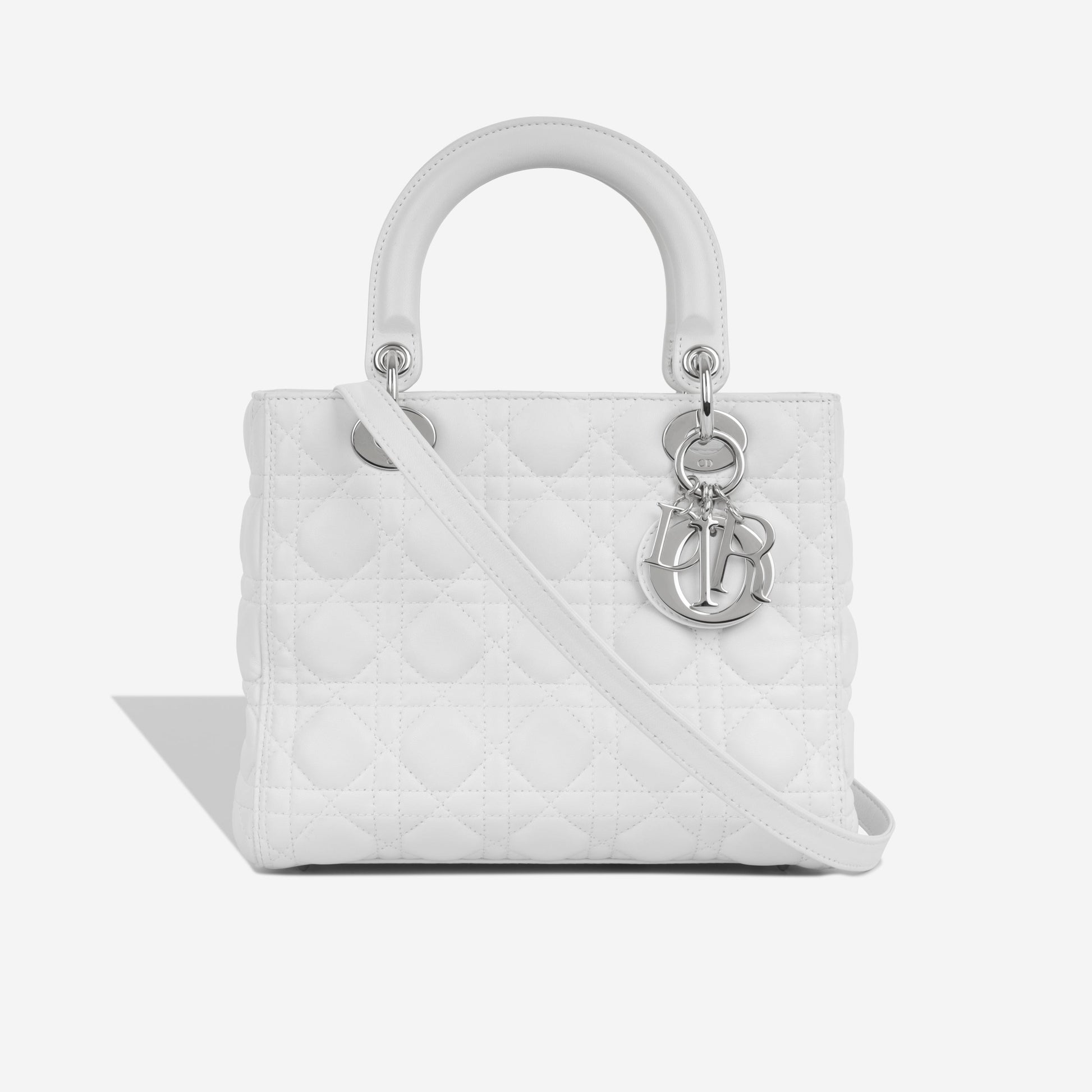 Dior Christian Lady Tote Bag Medium White Lambskin Silver
