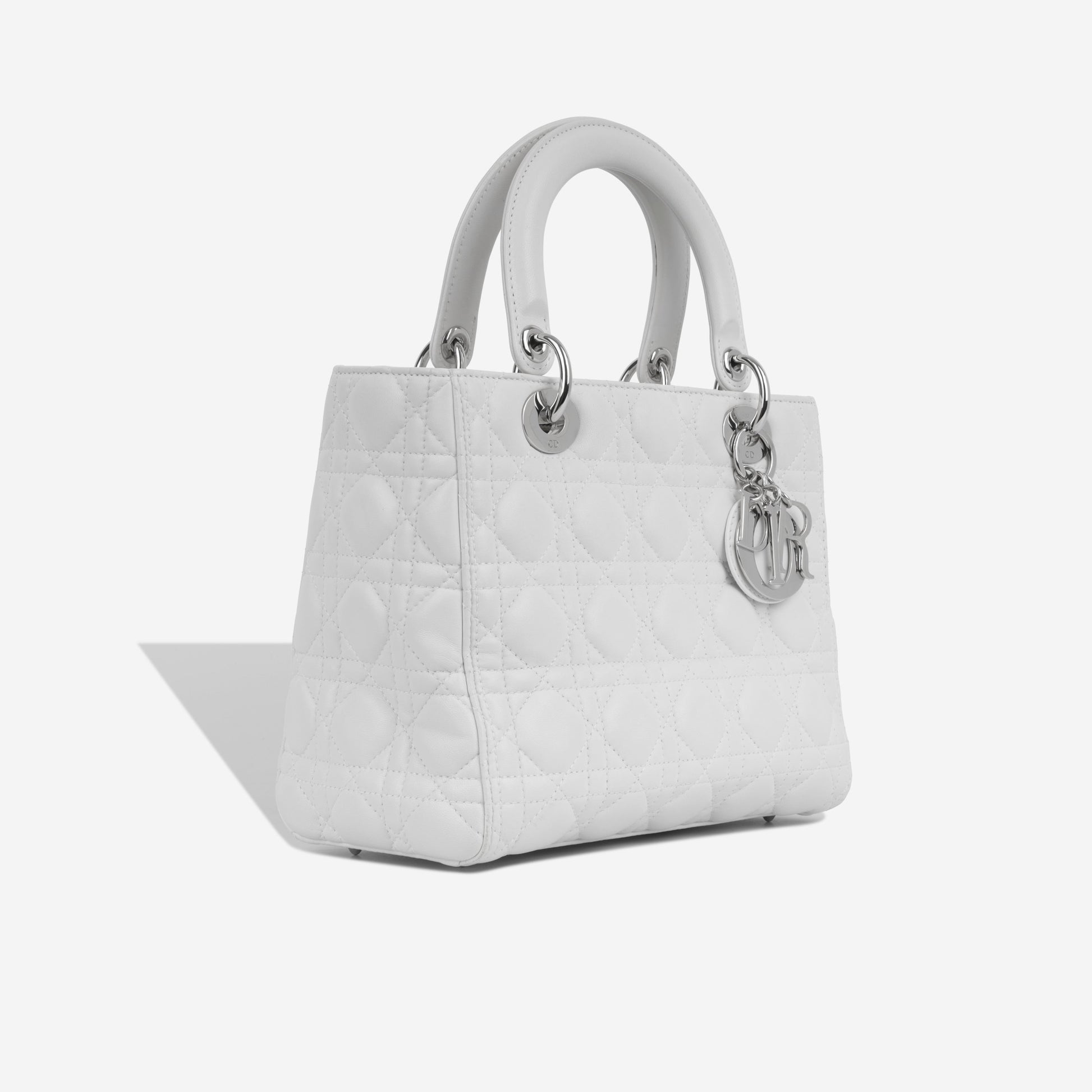 Dior Christian Lady Tote Bag Medium White Lambskin Silver