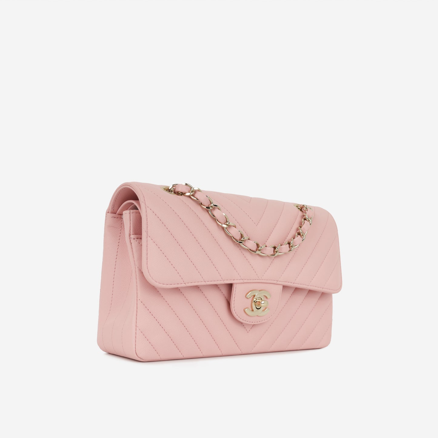Chanel - Small Classic Flap Bag - Pink Chevron Caviar CGHW - 2021 -