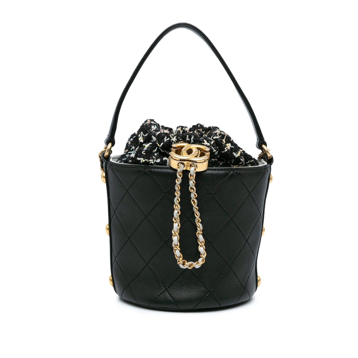 Black Chanel Small CC Calfskin and Tweed Drawstring Bucket Bag Satchel