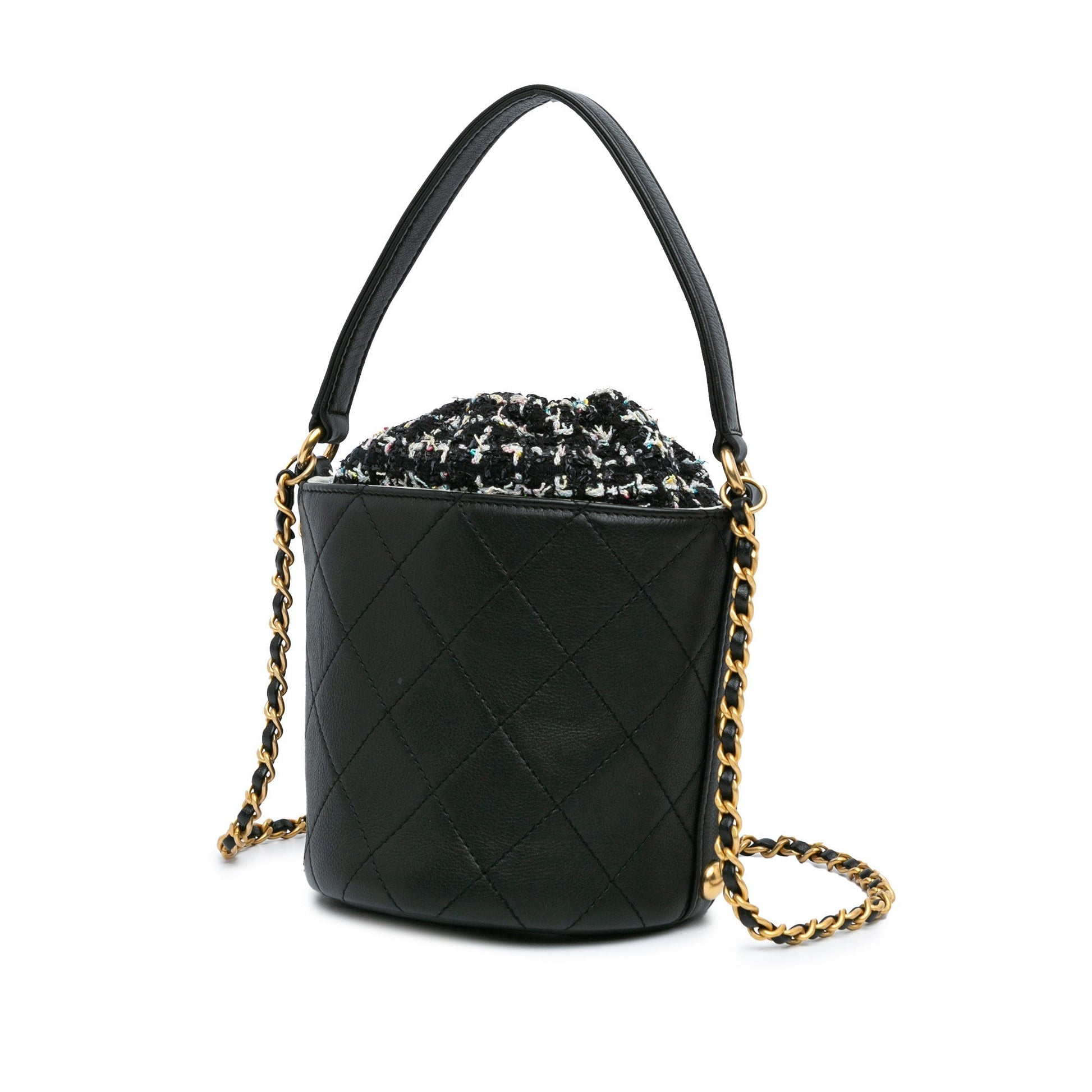 Black Chanel Small CC Calfskin and Tweed Drawstring Bucket Bag Satchel