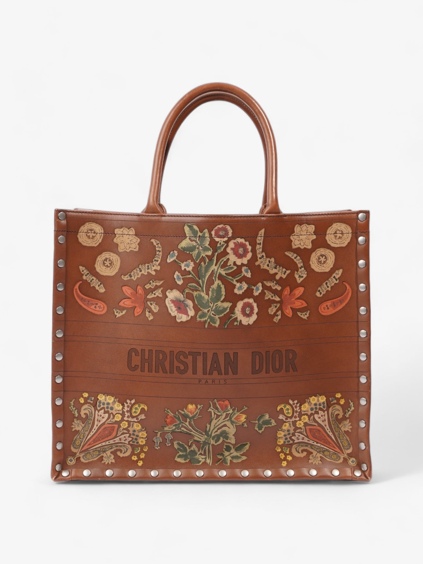 Dior Christian Book Tote Floral Leather Brown Large Tote Bag