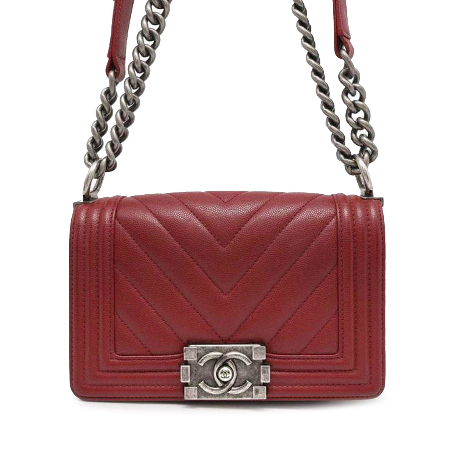Red Chanel Small Chevron Quilted Caviar Boy Flap Crossbody Bag
