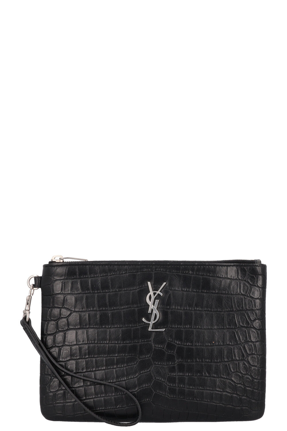 YSL Saint Laurent Cassandre Pochette Croc Black Embossed Handbag